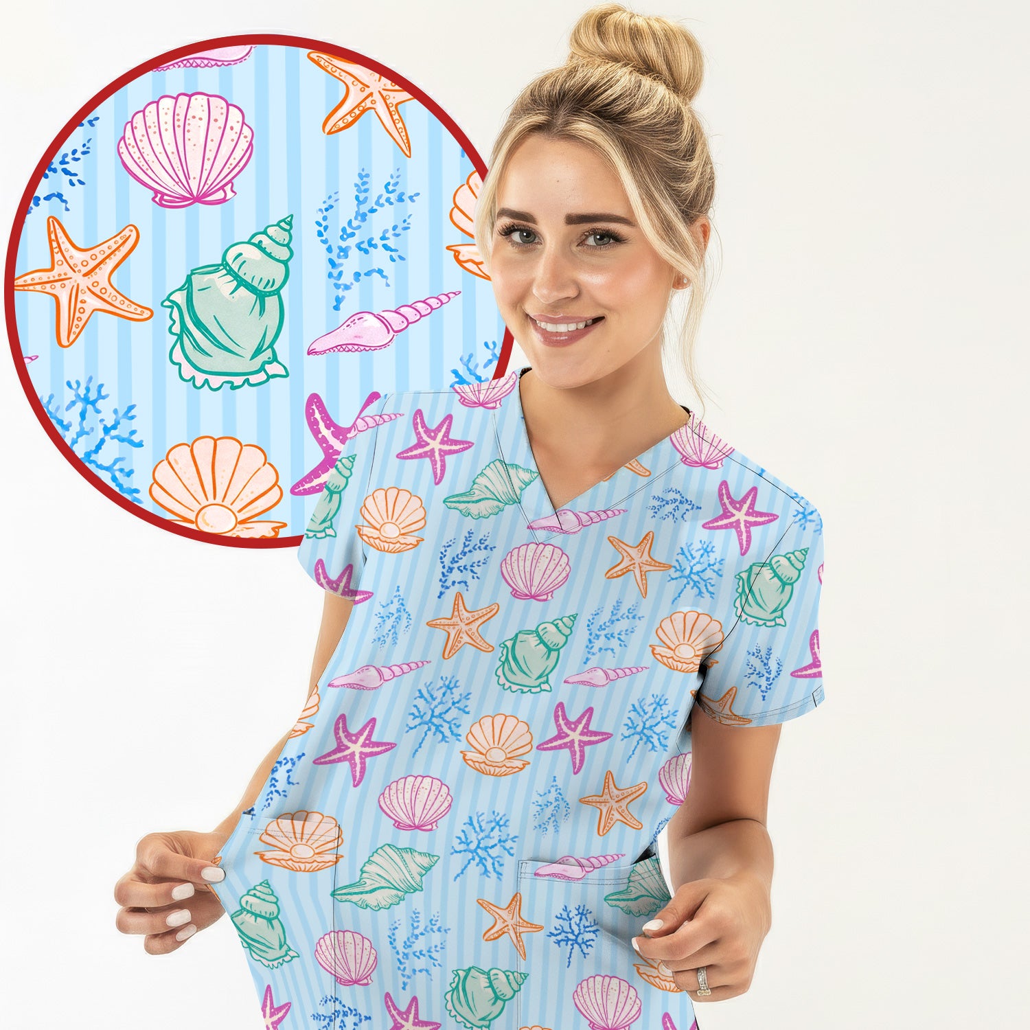 Colorful Seashell Starfish Ocean Stripe Pattern Scrub Top, Breathable Fabrics Nursing Uniform