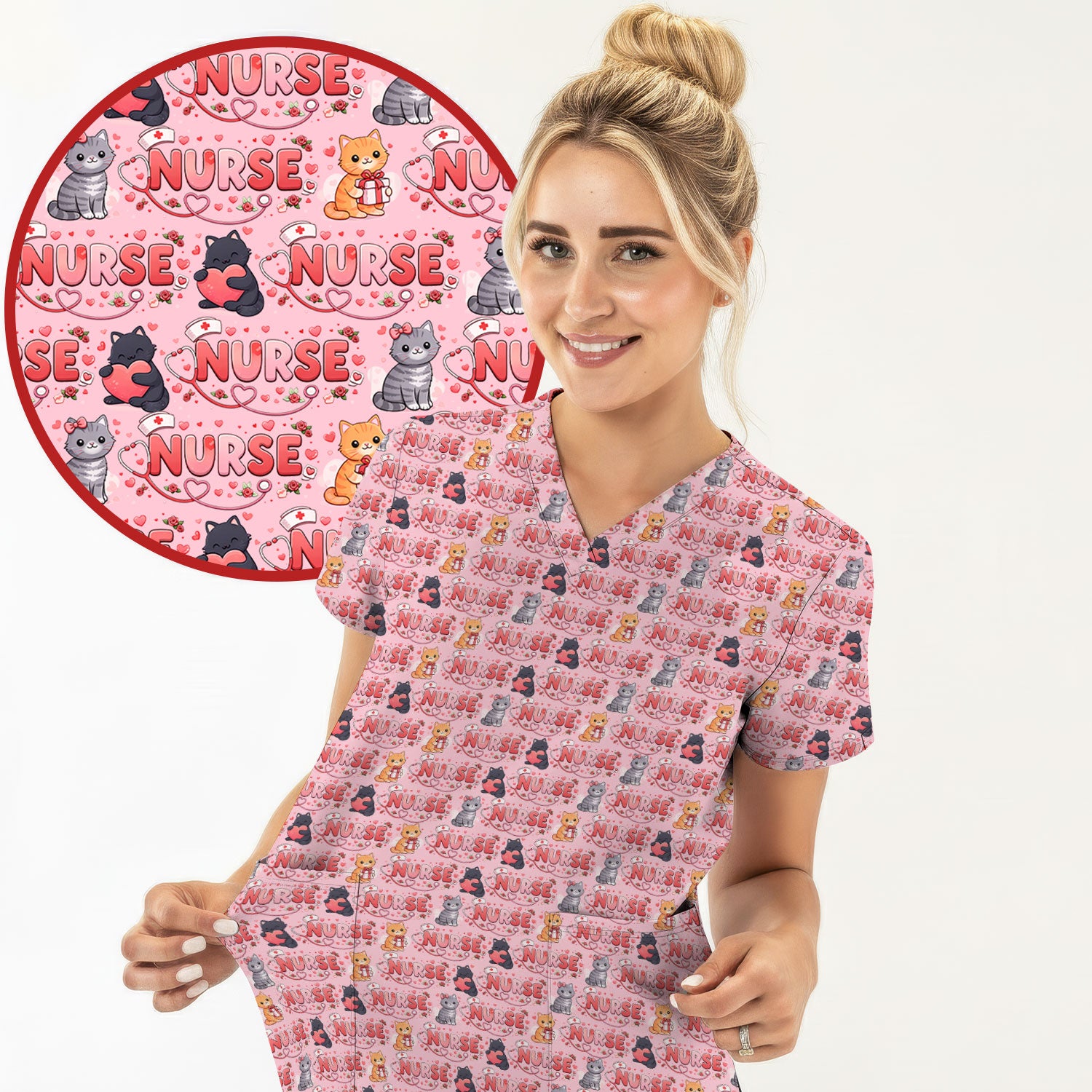 Nurse Cat Heart Pattern Valentine Scrub Set, Women's Scrub Sets V Neck Top
