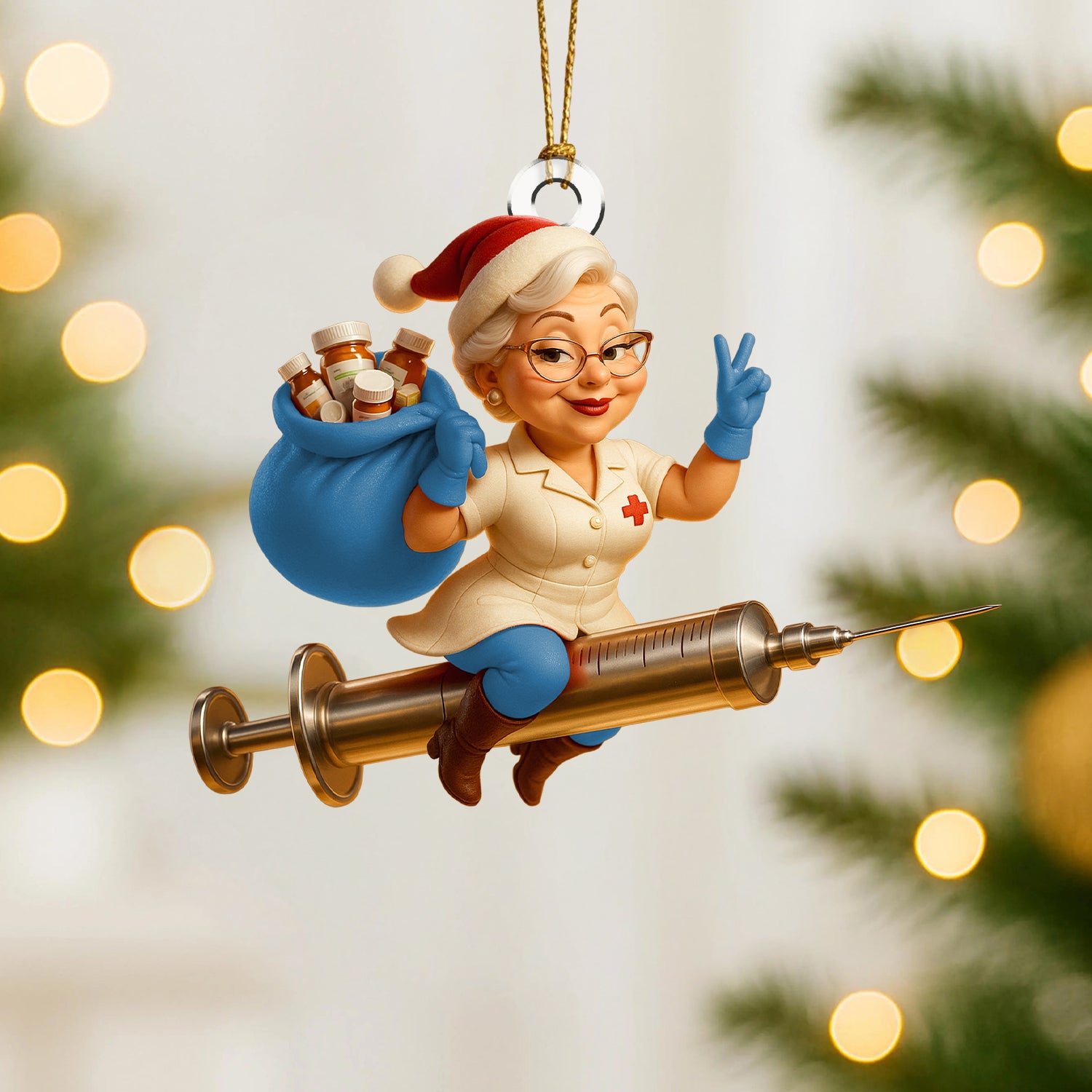 Funny Nurse Christmas Ornament, Custom Healthcare Worker Ornament, Santa Nurse Riding Syringe, Unique RN Xmas Gift