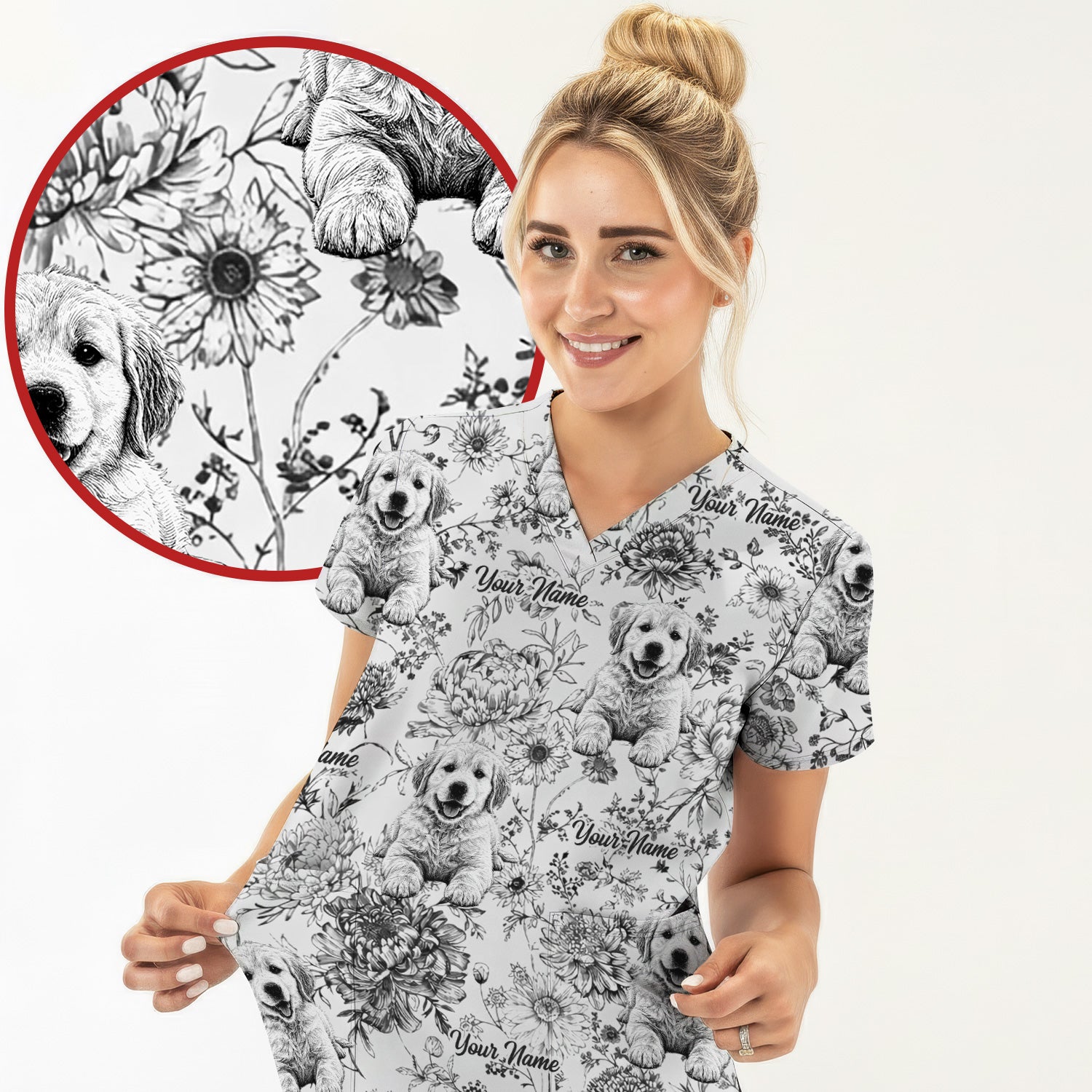 Personalized Custom Pet Photo Name Floral Pattern Scrub Top, Breathable Fabrics Nursing Uniform