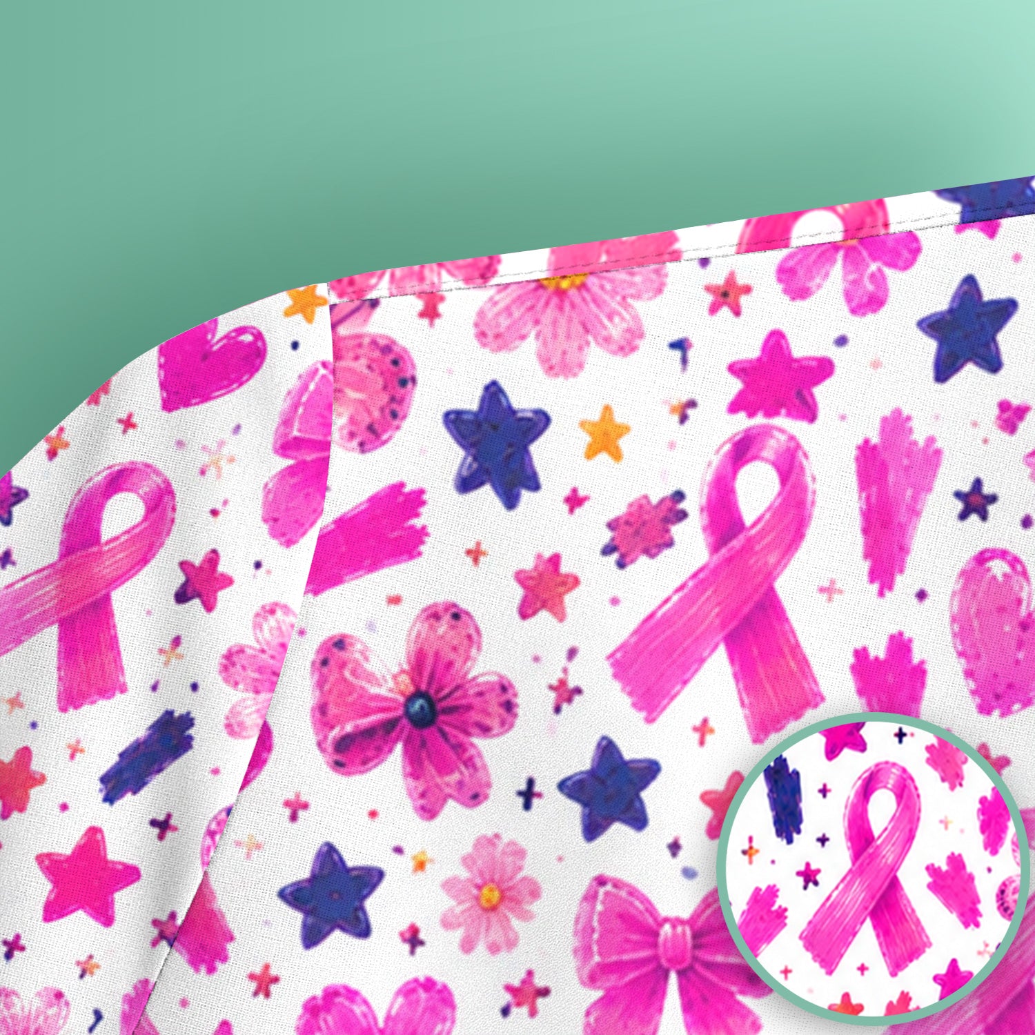 Pink Ribbon Floral Pattern Scrub Top, Comfortable Scrubs for Nurses