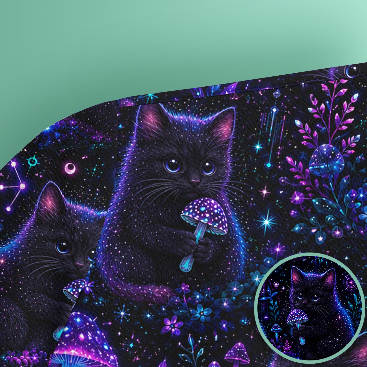 Neon Black Cat Mushroom Galaxy Pattern Scrub Top, Comfortable Scrubs for Nurses