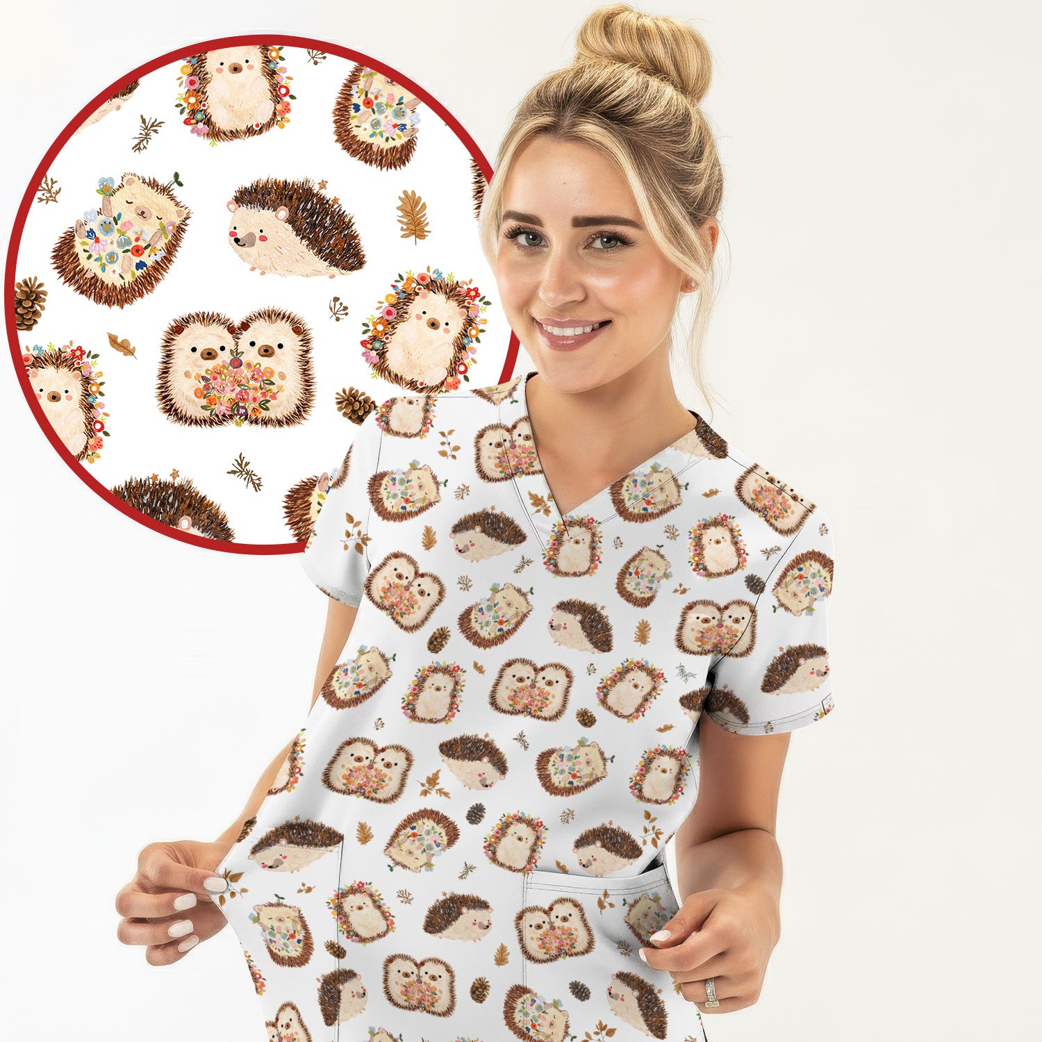 Cute Hedgehog Floral Scrub Top, Breathable Fabrics Nursing Uniform