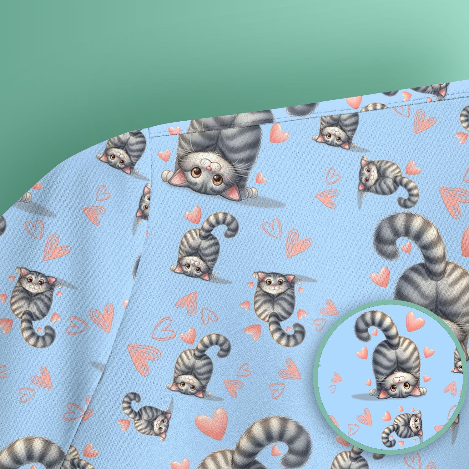 Valentine Cute Cat Scrub Top, Cat Heart Pattern Nurse Uniform, Comfortable Scrubs For Nurses