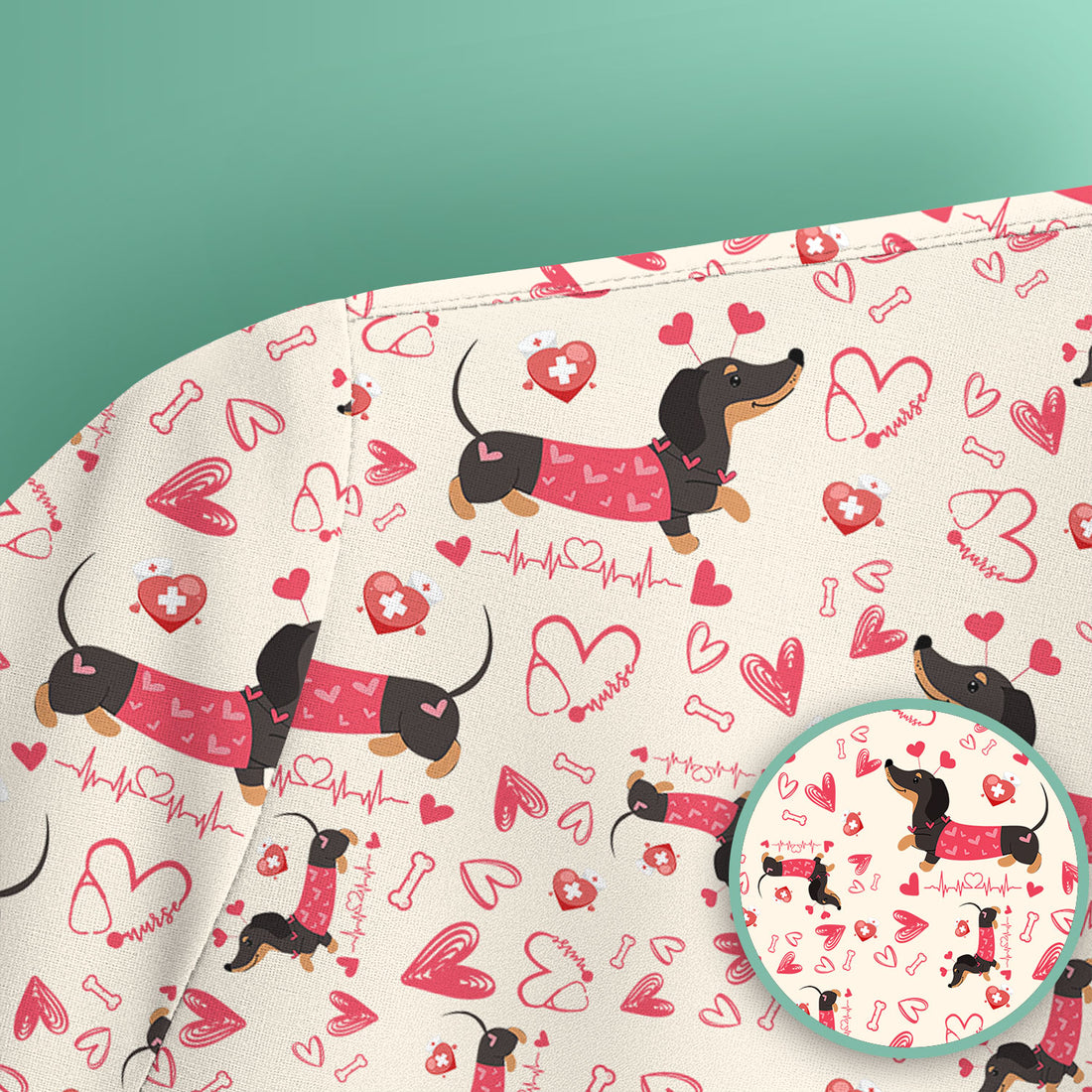 Dachshund Valentine Scrub Top, Cute Wiener Dog Heart Pattern Nurse Shirt, Breathable Fabrics Nursing Uniform