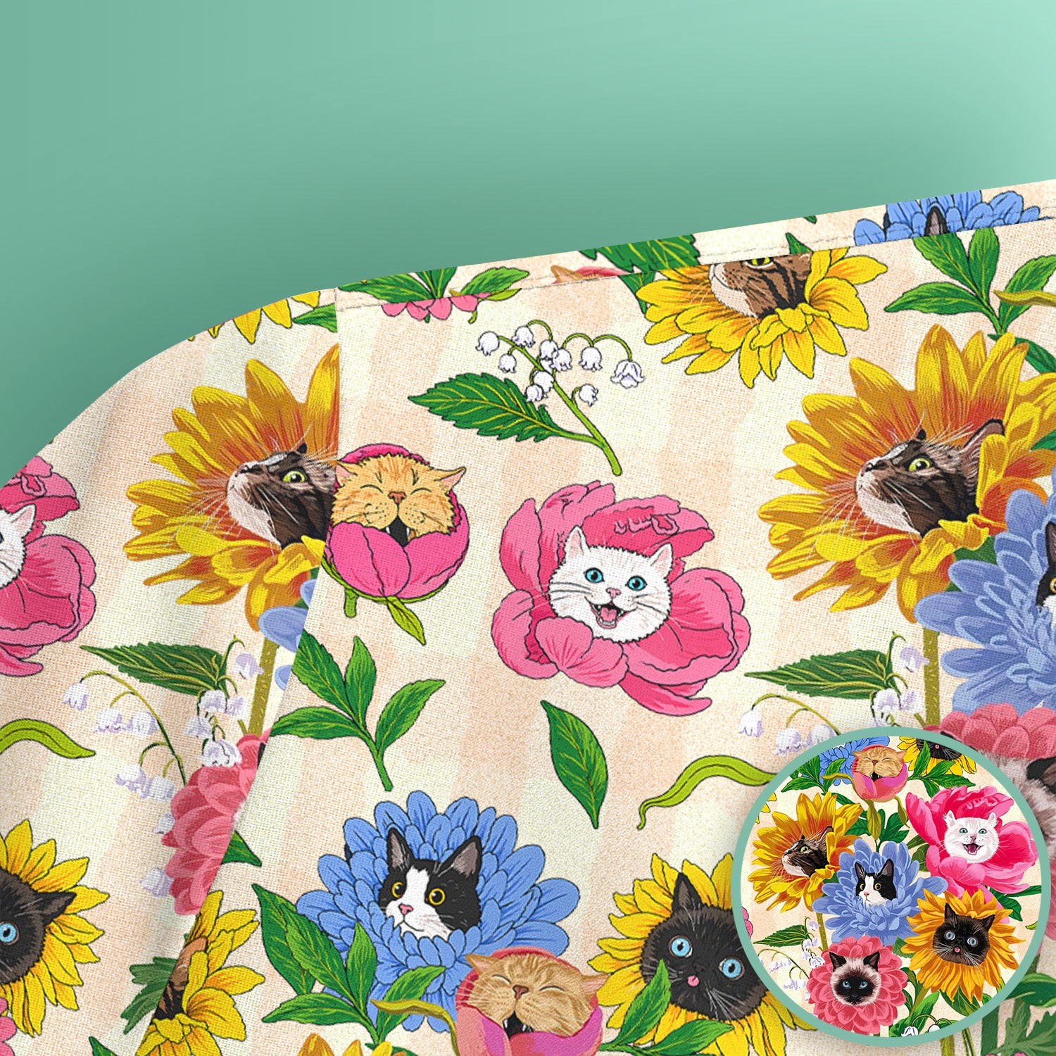 Cat Face Hidden In Colorful Flower Garden Scrub Top, Breathable Fabrics Nursing Uniform