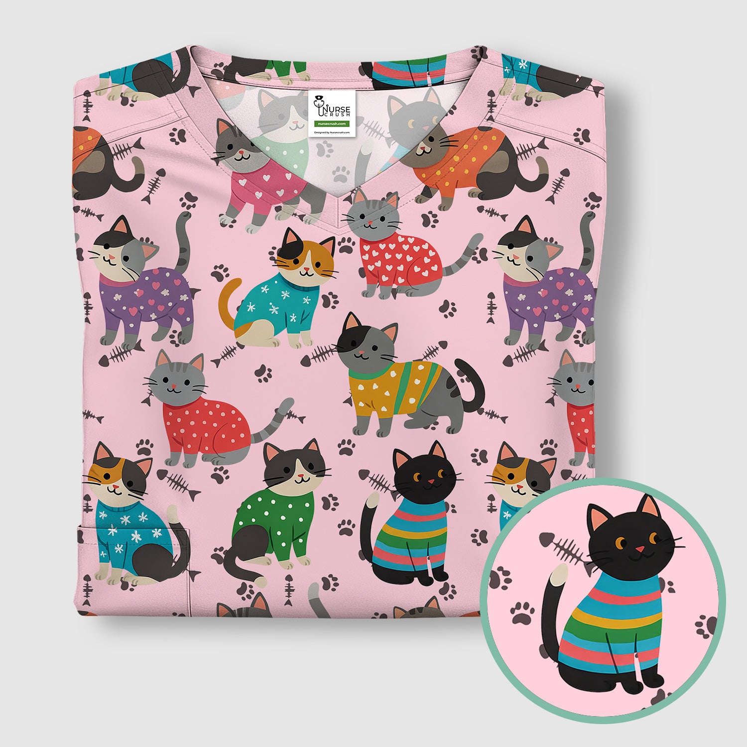 Custom Cat Scrub Top Multi Color - Cute Kitty Print Scrub Shirt for Nurses - Funny Colorful Nursing Workwear with Pockets