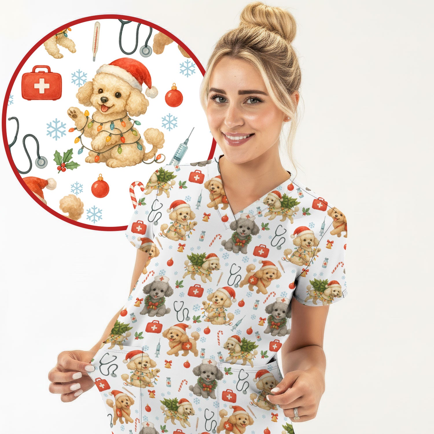Cute Christmas Dog Scrub Top - Puppy Nurse Shirt Santa Hat Print - Holiday Medical Scrubs Gift for Women CNA RN Doctor