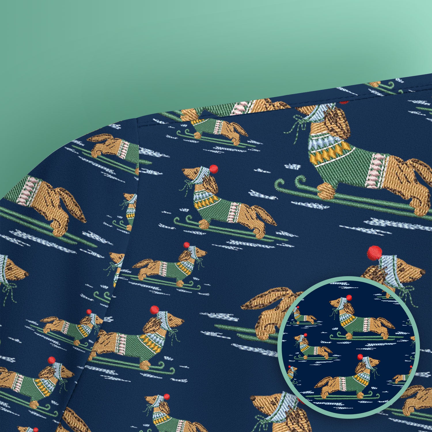 Dachshund Nurse Scrub Top, Wiener Dog Winter Pattern Shirt, Breathable Fabrics Nursing Uniform