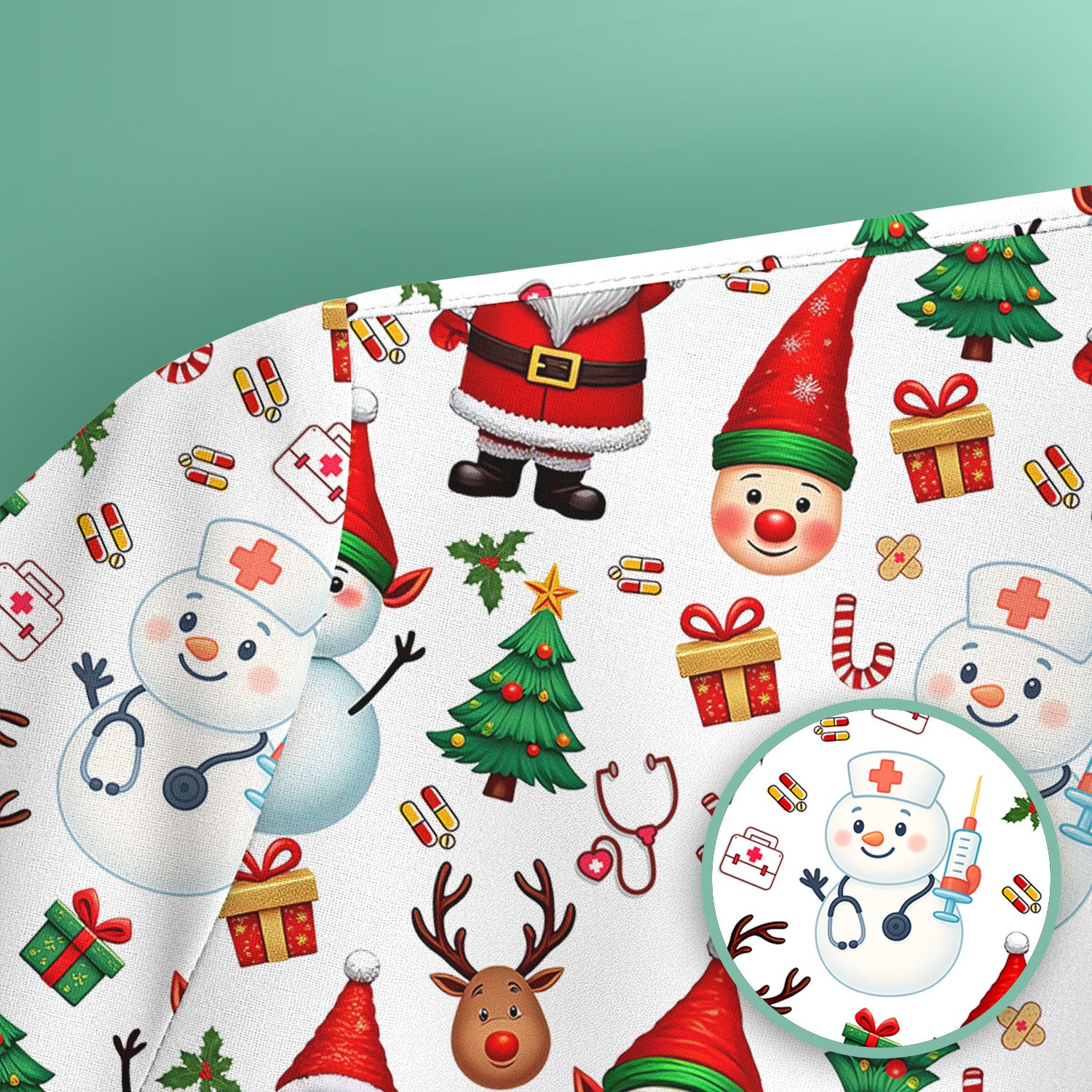 Christmas Nurse Scrub Top - Cute Snowman Santa Reindeer Pattern Medical Shirt - Festive Holiday Scrubs for Women RN CNA LPN