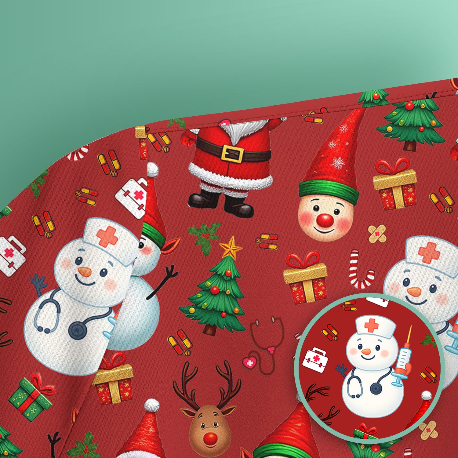 Christmas Scrub Top for Nurses - Cute Snowman Reindeer Santa Pattern - Holiday Medical Uniform RN CNA LPN Gift