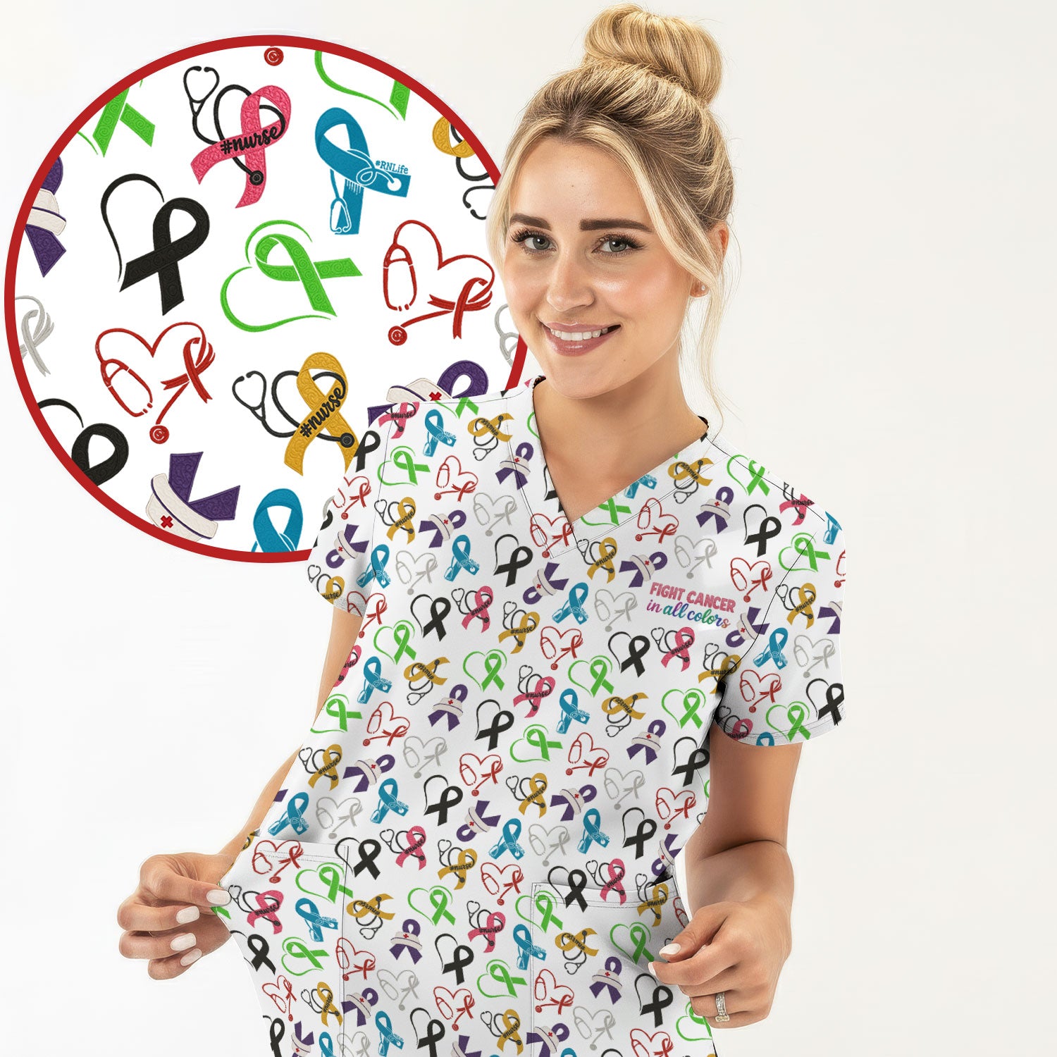Cancer Awareness Scrub Top - Fight Cancer In All Colors Nurse Shirt - Colorful Ribbon Medical Scrubs Gift with Pockets for Women CNA RN Doctor