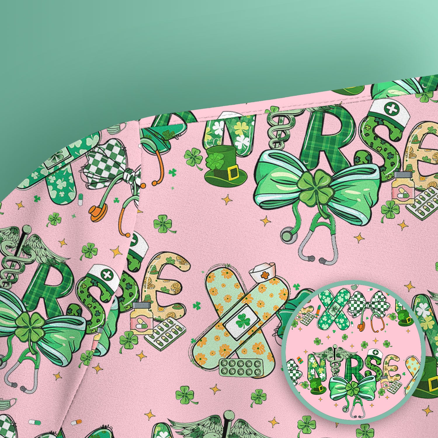 St. Patrick’s Nurse Scrub Top, Lucky Clover And Green Bow Pattern Nurse Shirt, Breathable Fabrics Nursing Uniform