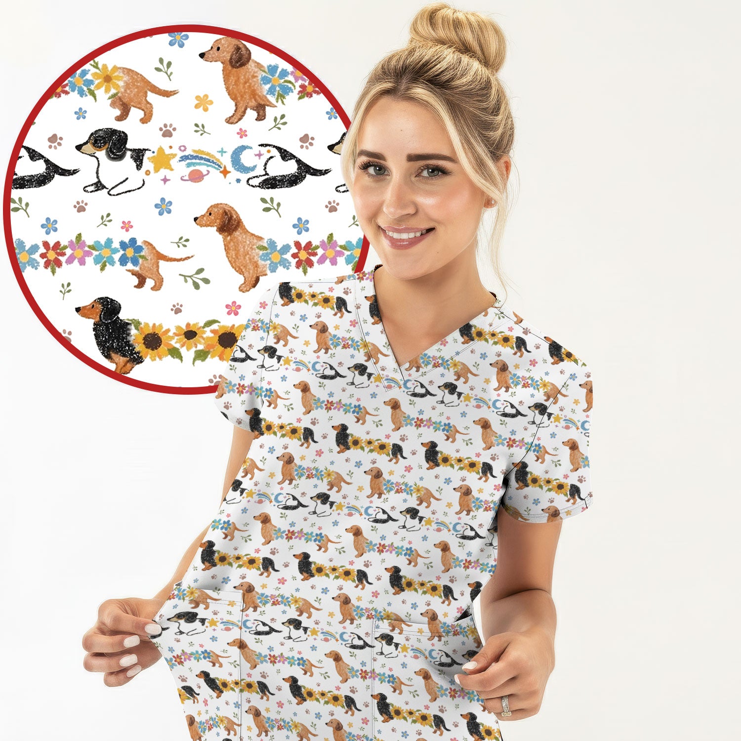 Floral Wiener Dog Pattern Scrub Top, Medical Scrubs for Nurses