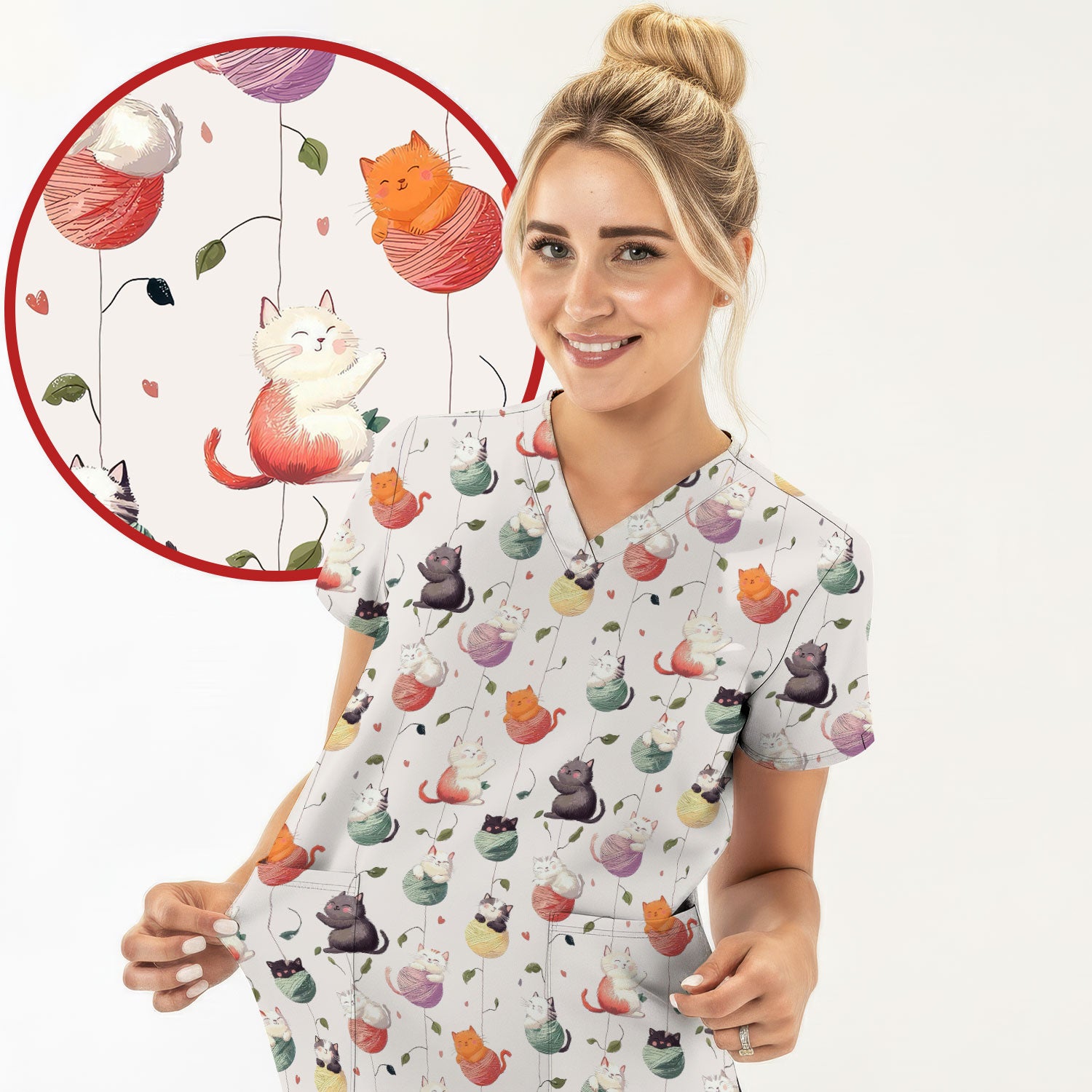 Cute Cats Playing Yarn Balls Pattern Print Scrub Top, Comfortable Scrubs for Nurses