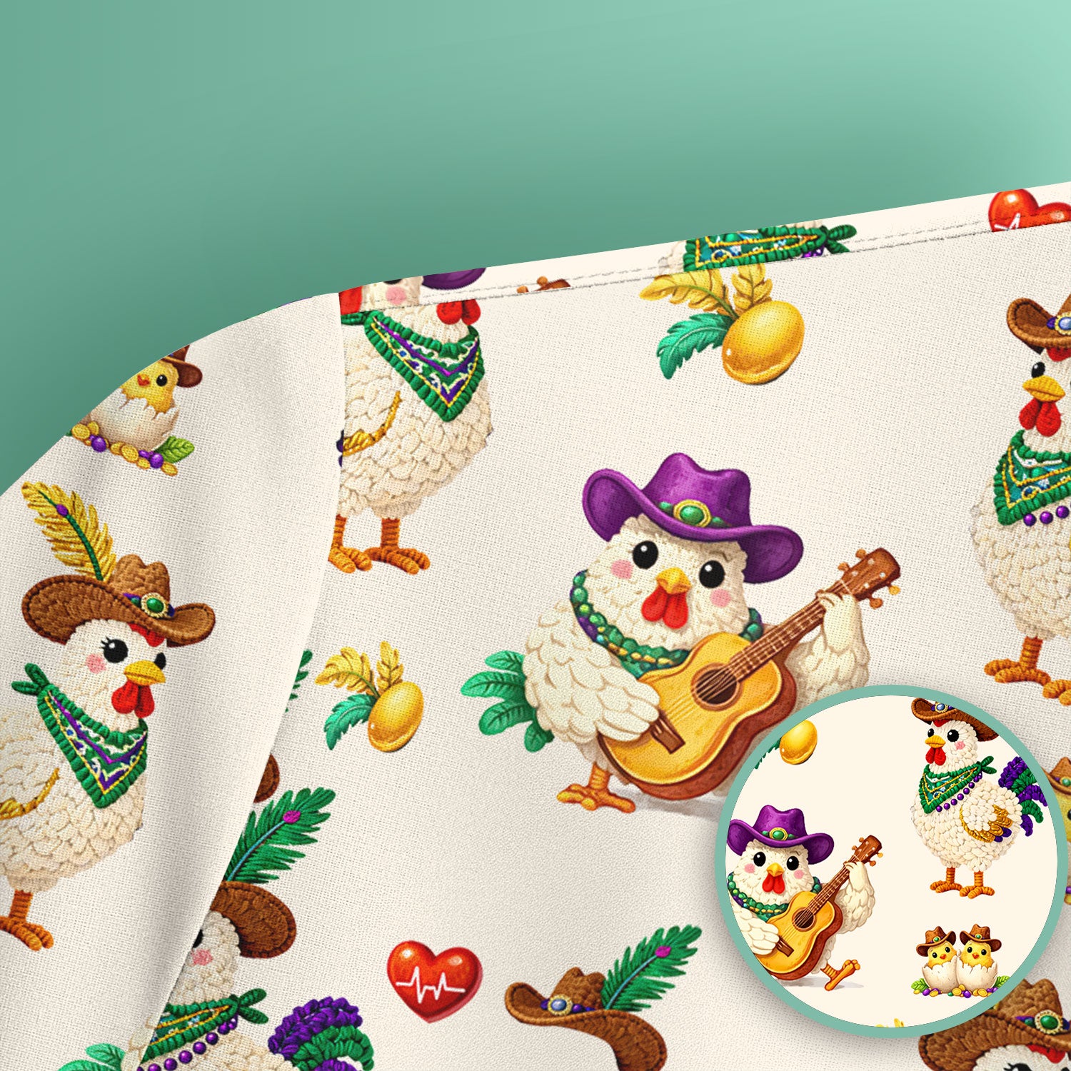 Funny Mardi Gras Rooster Cowboy Print Scrub Top, Comfortable Scrubs for Nurses
