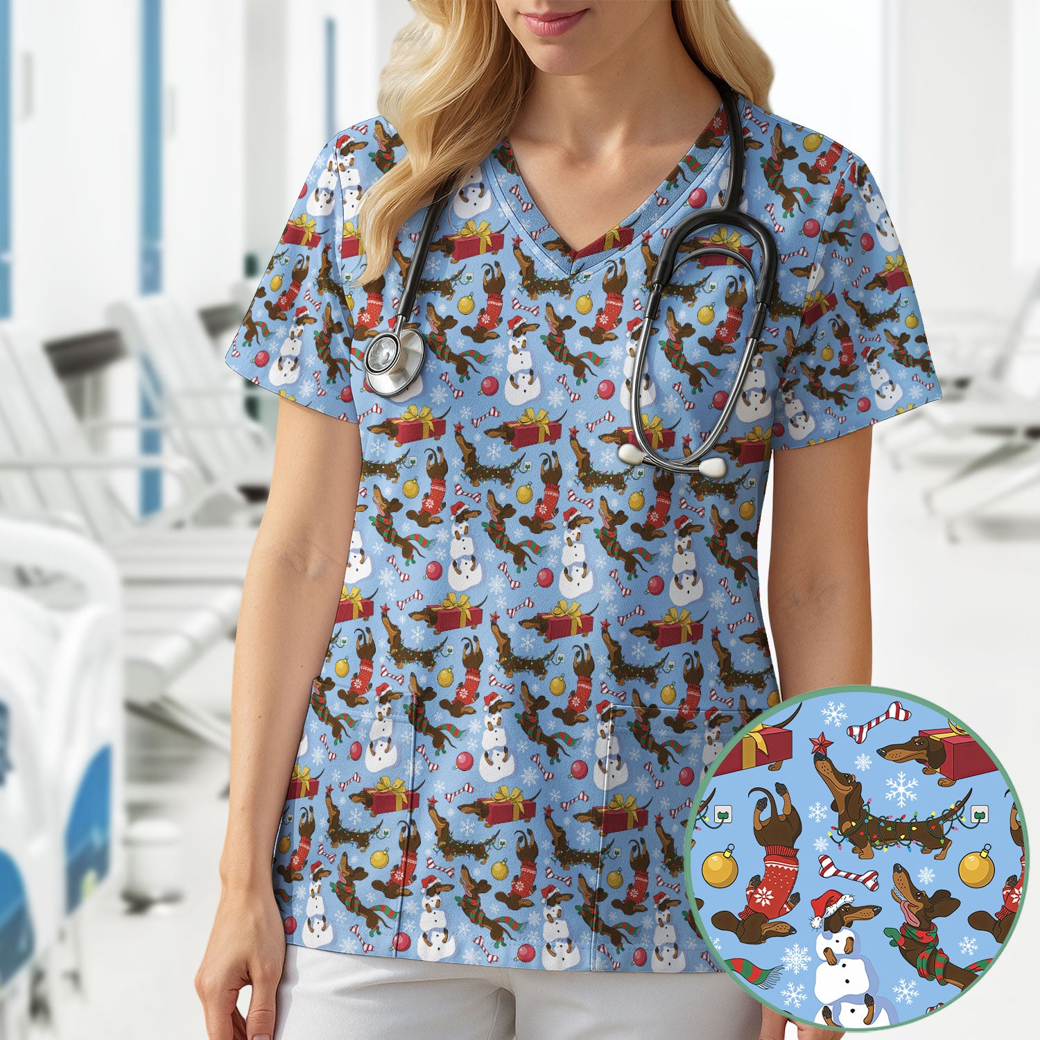 Christmas Nurse Scrubs for Women - Dachshund Dog & Snowman Print - Custom Multi Color Nursing Shirt Holiday Gift