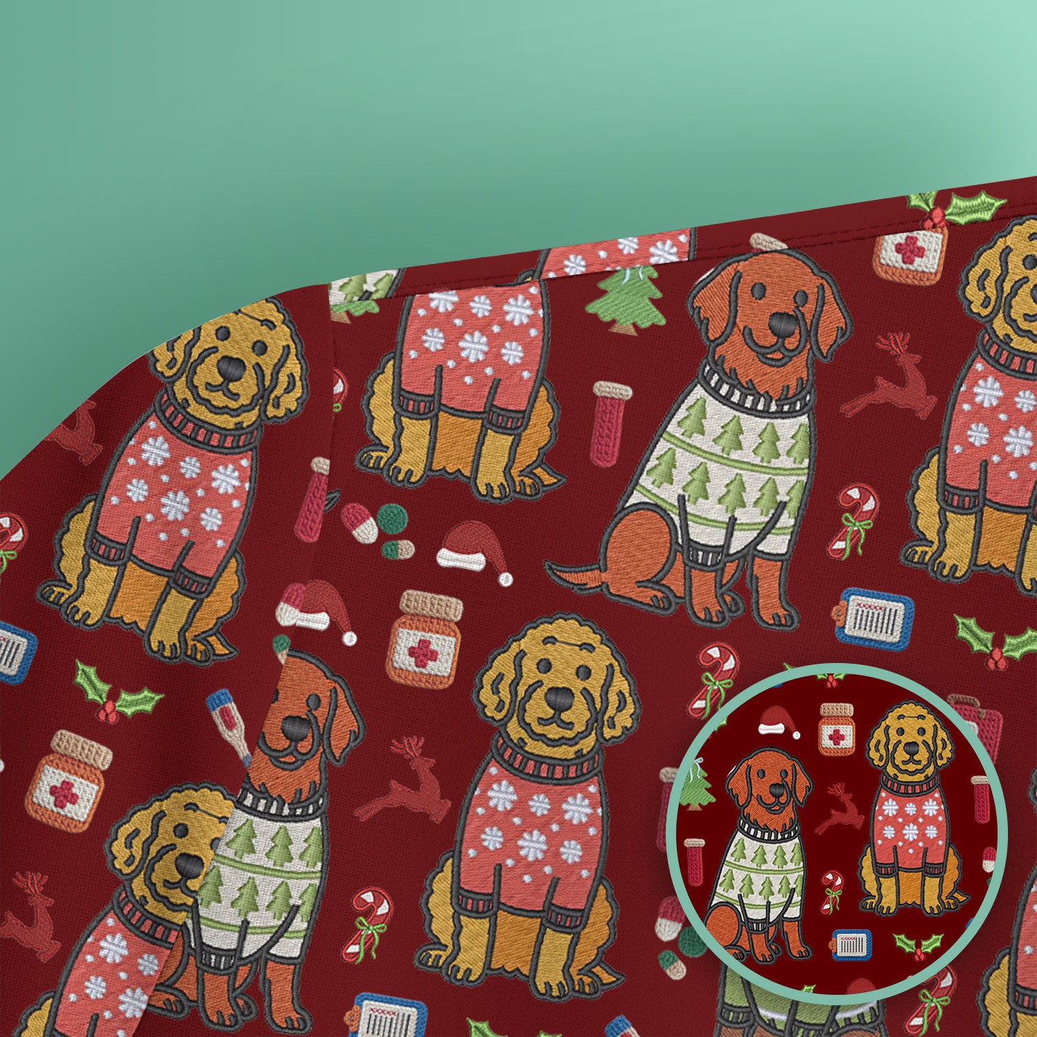 Golden Retriever Christmas Scrub Top, Cute Holiday Dog Nurse Pattern Shirt, Breathable Fabrics Nursing Uniform
