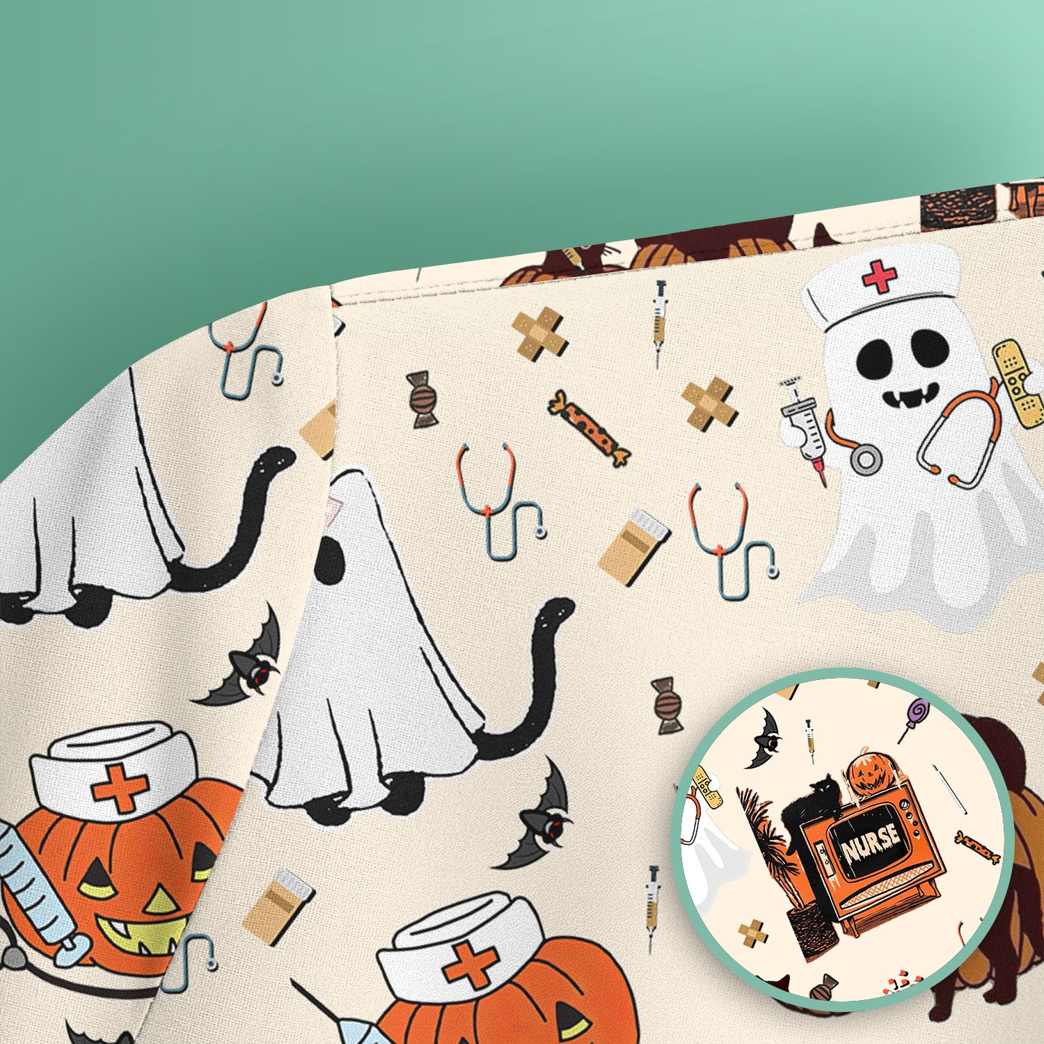 Halloween Scrub Top for Nurse - Cute Pumpkin Ghost Cat Medical Shirt - Spooky Scrubs for Women RN CNA LPN