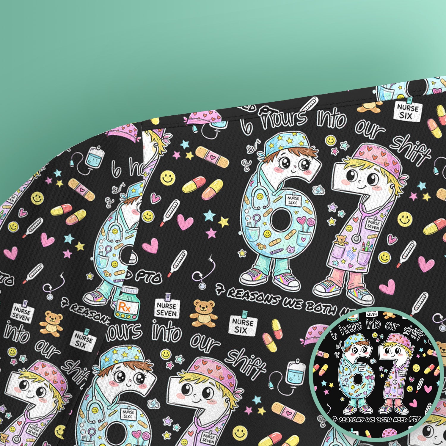 Cartoon Characters Six Hours Into Shift With Medical Doodle Scrub Top, Breathable Fabrics Nursing Uniform
