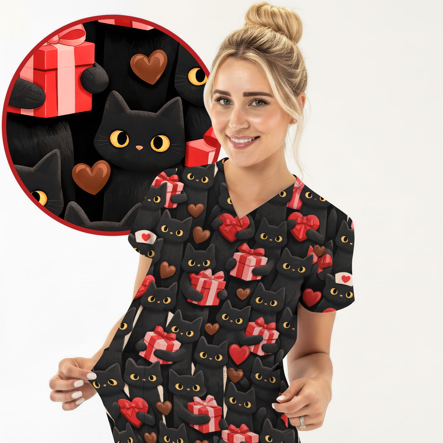 Black Cat Valentine Nurse Scrub Top, Heart Pattern Medical Shirt, Breathable Fabrics Nursing Uniform