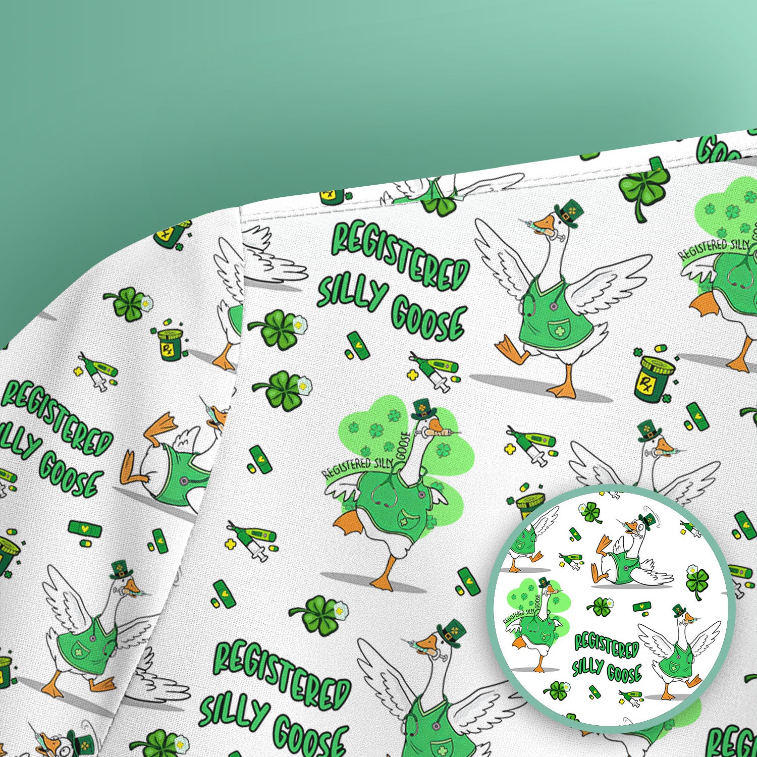 Silly Goose St. Patrick’s Day Scrub Top, Funny Goose Shamrock Pattern Nurse Scrub Shirt, Irish Green Nursing Uniform