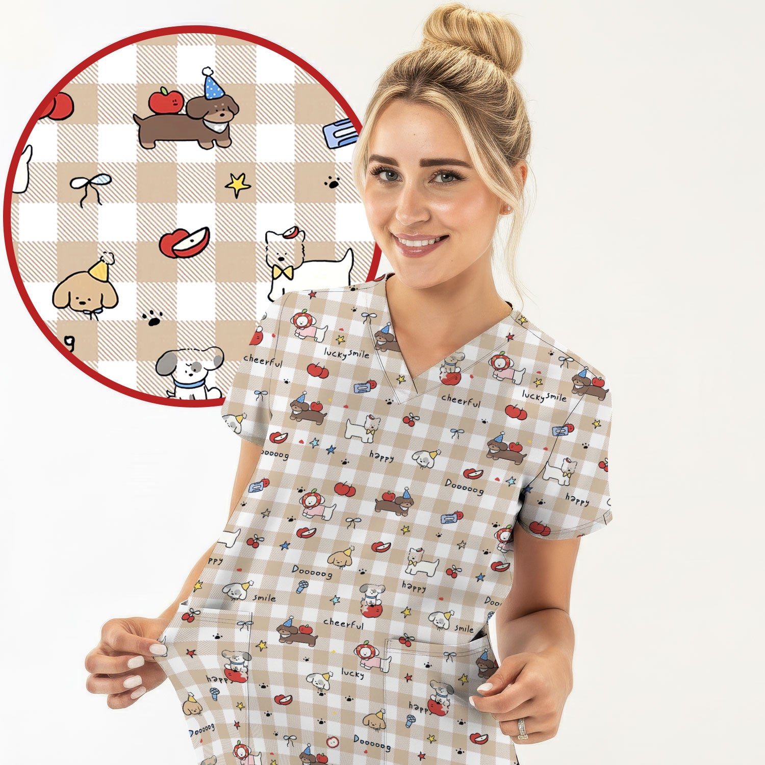Cute Nurse Cartoon Puppy Apple Gingham Scrub Top, Breathable Fabrics Nursing Uniform