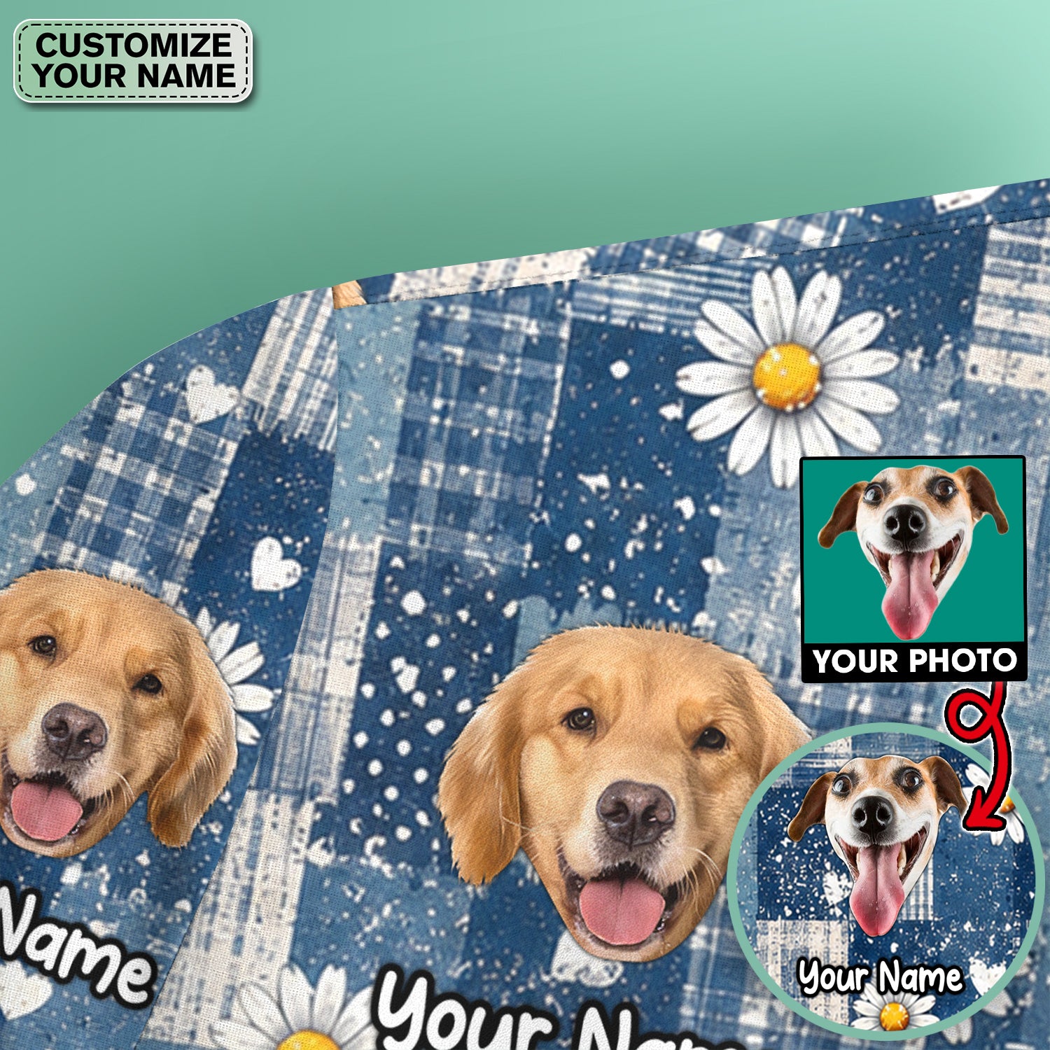 Personalized Cute Dog Portrait On Blue Patchwork Daisy Pattern Scrub Top, Comfortable Scrubs for Nurses