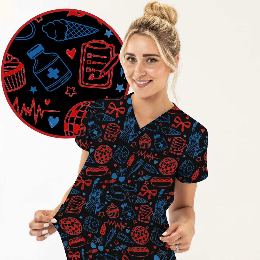 Patriotic Nurse Medical Icons Pattern Scrub Top, Breathable Fabrics Nursing Uniform