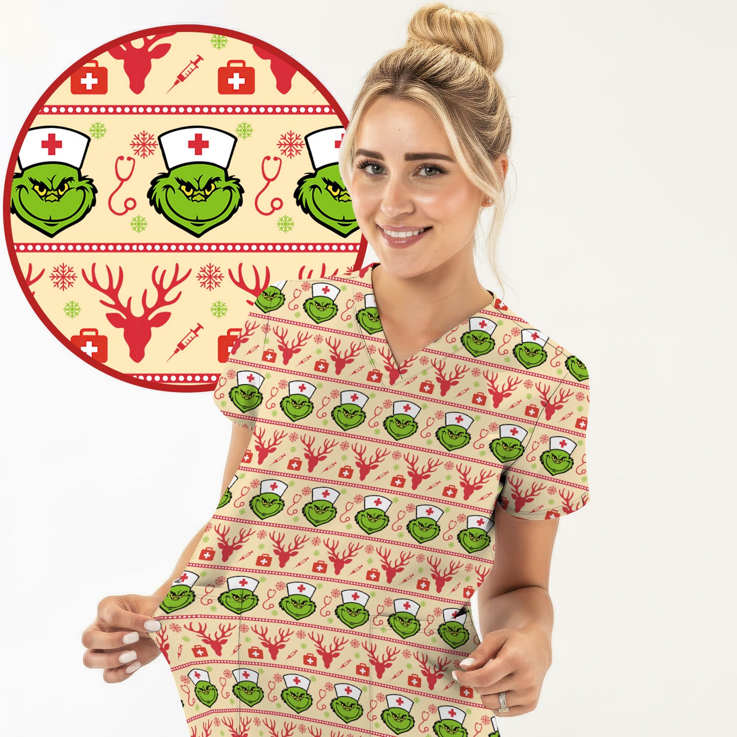 Grinch Nurse Ugly Christmas Scrub Top - Funny Holiday Nursing Scrubs Shirt - Cute Medical Workwear for Women with Festive Pattern