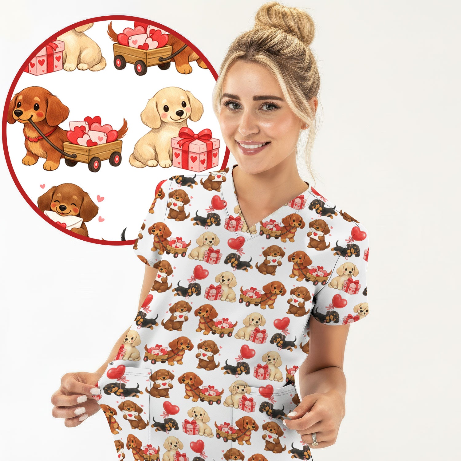 Cute Dachshund Nurse Scrub Top For Nurses, Wiener Dog Pattern Nurse Shirt, Breathable Fabrics Nursing Uniform