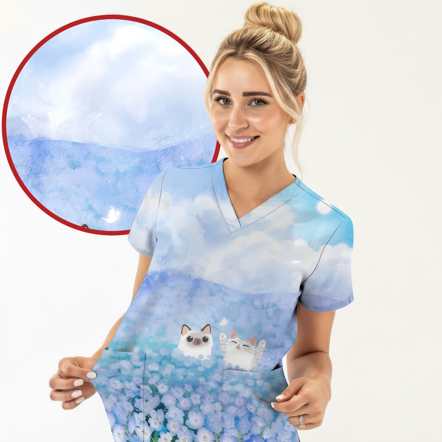 Dreamy Cat Cloud Hydrangea Sky Pattern Scrub Top, Comfortable Scrubs for Nurses