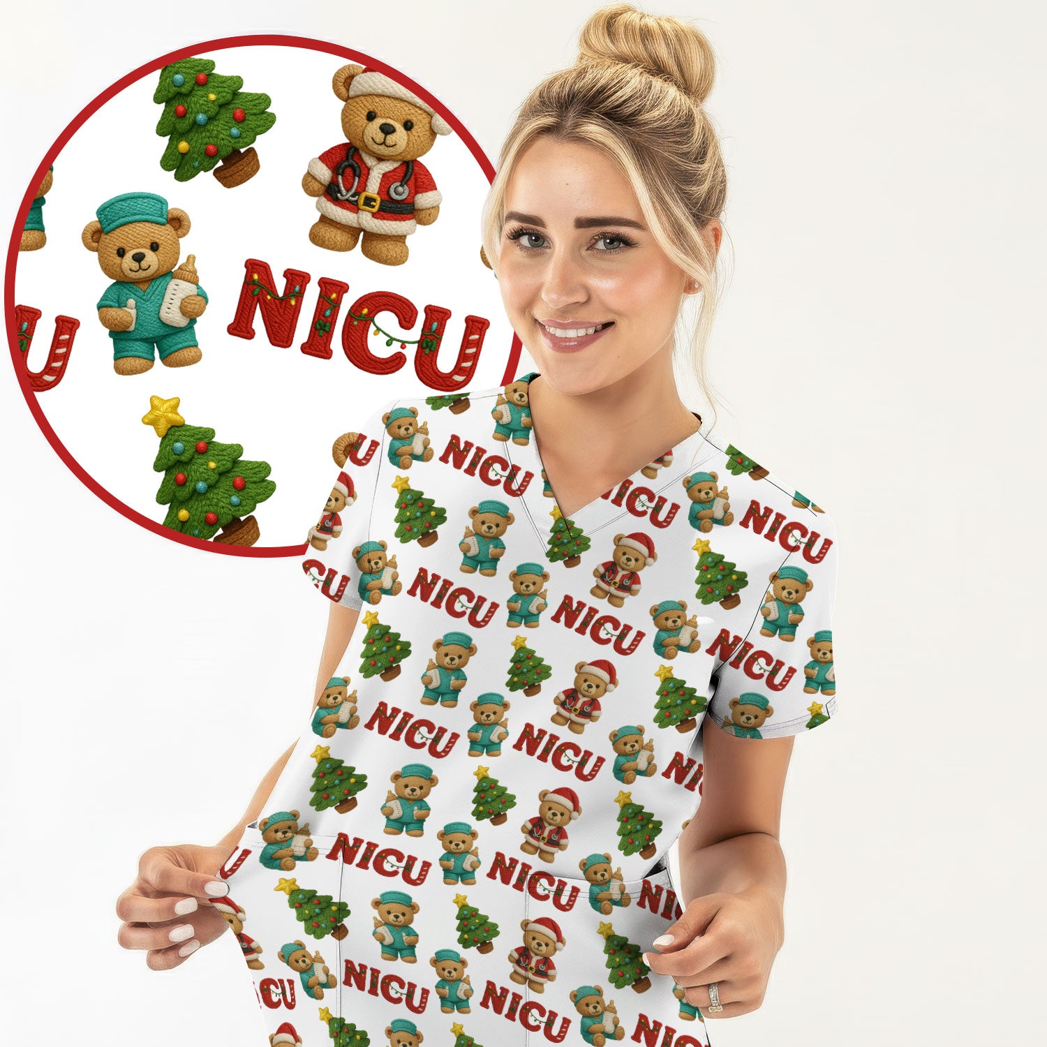 Festive Christmas NICU Nurse Teddy Bear Pattern, Breathable Fabrics Nursing Uniform