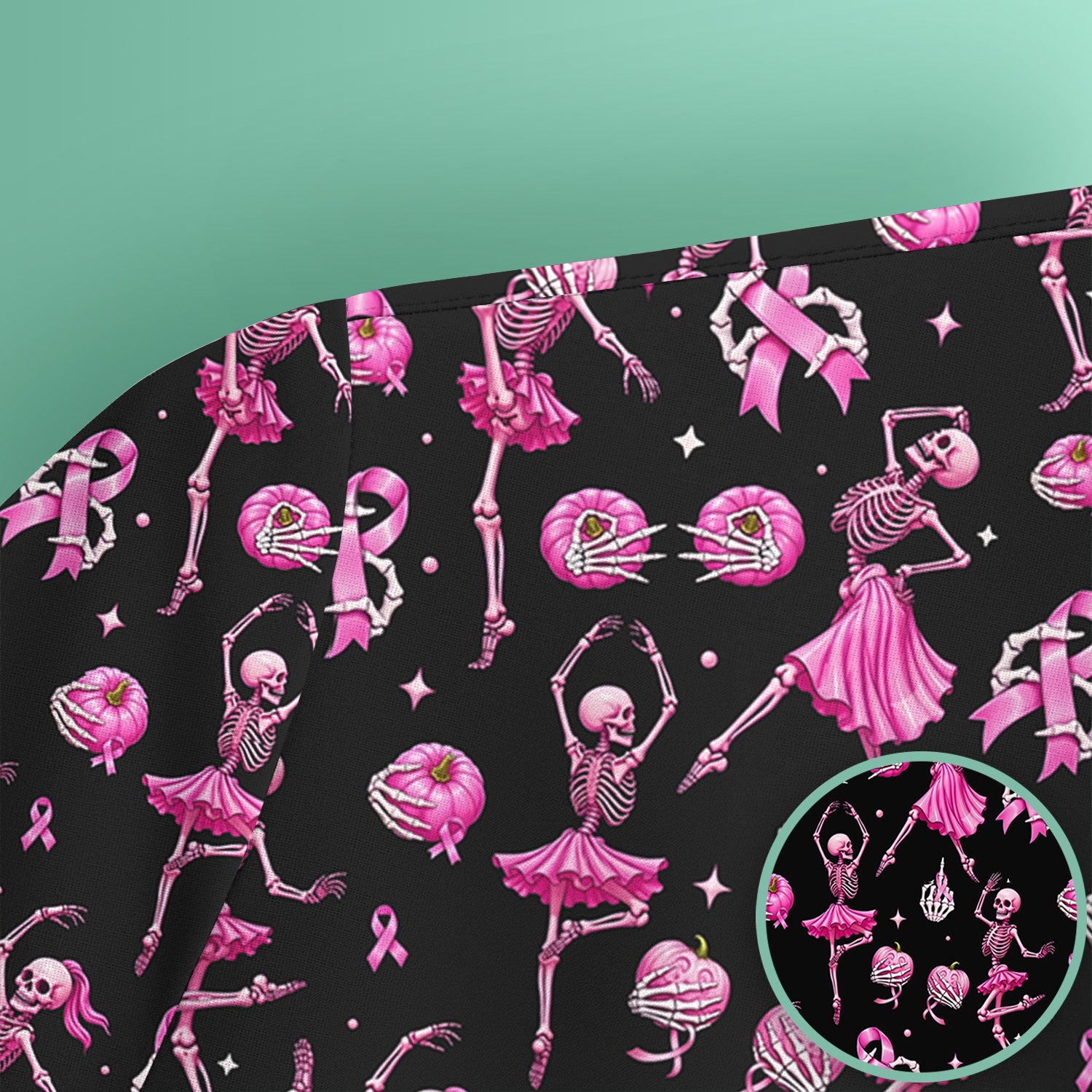 Pink Ribbon Skeleton Ballerina Print Scrub Top, Comfortable Scrubs for Nurses