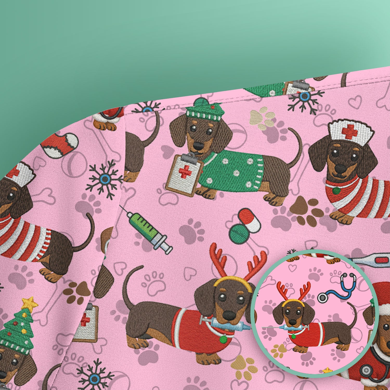 Christmas Dachshund Scrub Top for Nurses - Cute Wiener Dog Pattern Medical Shirt - Festive Holiday Scrubs Gift for Women RN CNA LPN