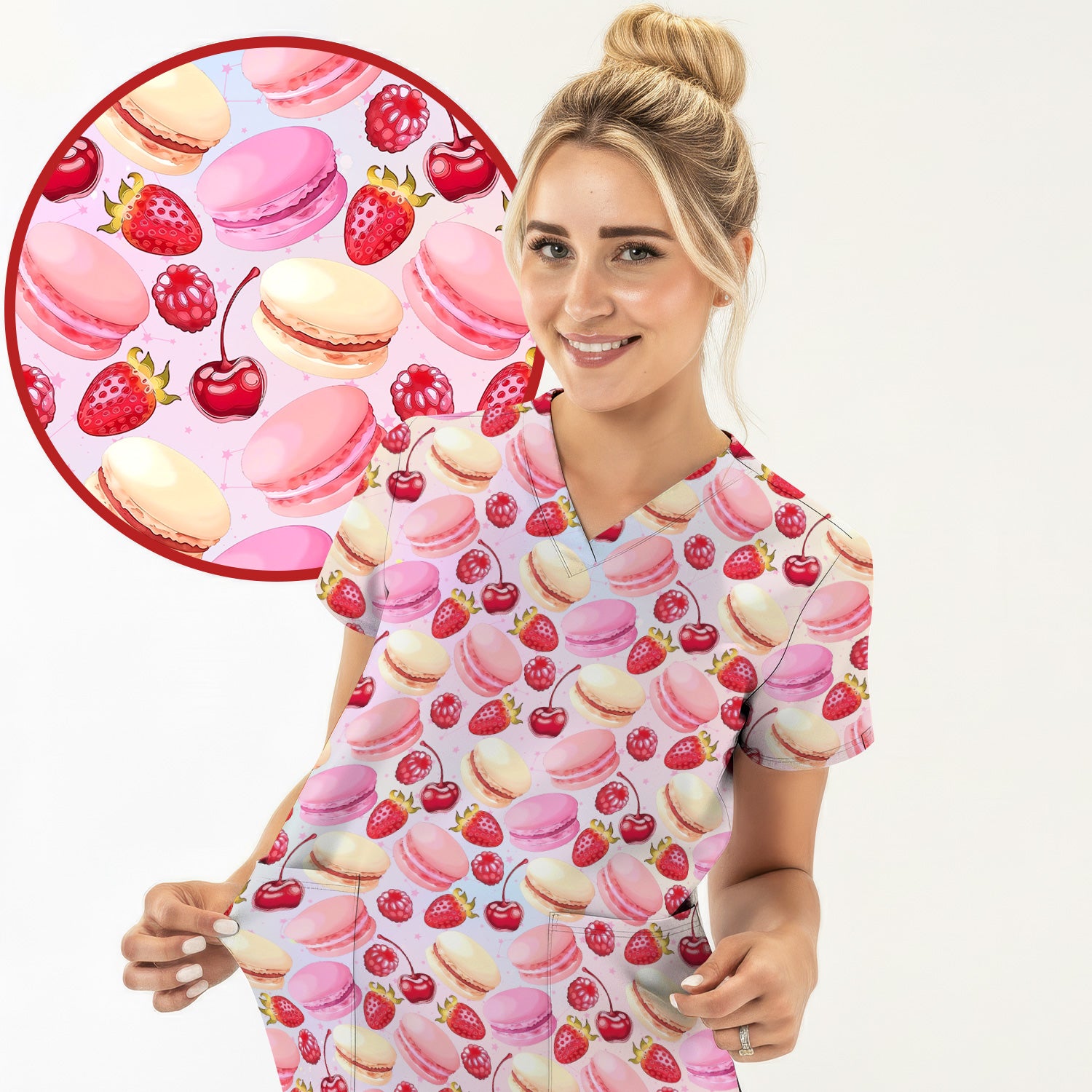 Sweet Dessert Pattern Scrub Top, Breathable Fabrics Nursing Uniform