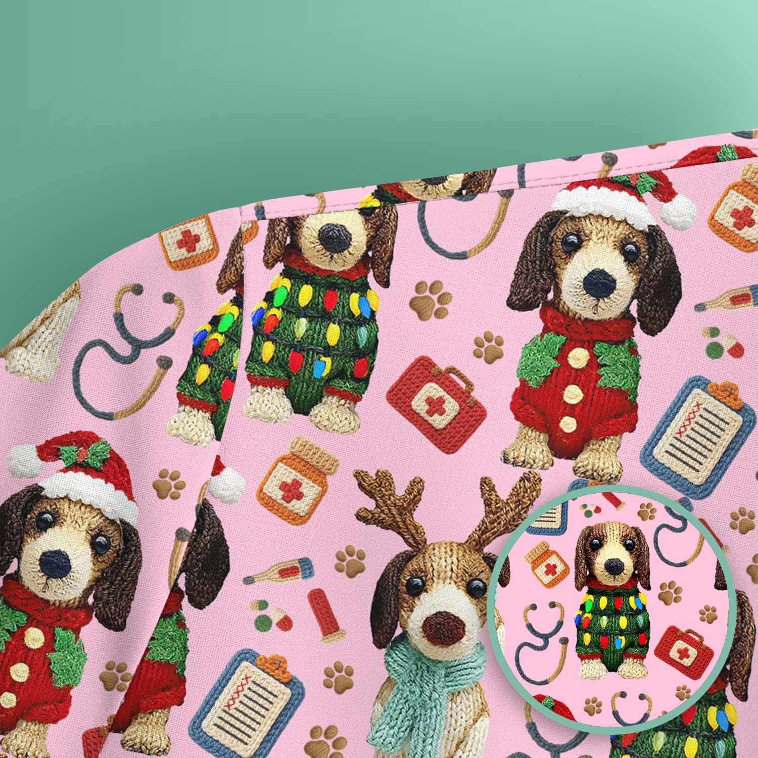 Christmas Doxie Scrubs for Women - Cute Dachshund Christmas Scrub Top for Nurses - Funny Medical Uniform Gift