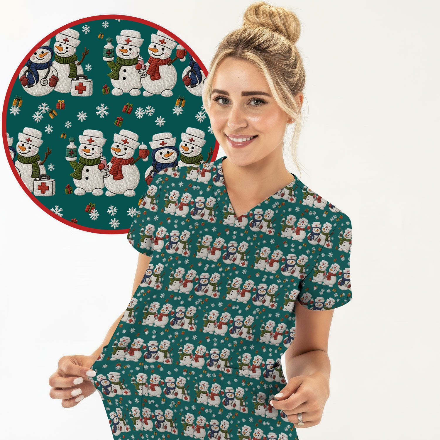 Cute Christmas Snowman Nurse Pattern Scrub Top, Breathable Fabrics Nursing Uniform