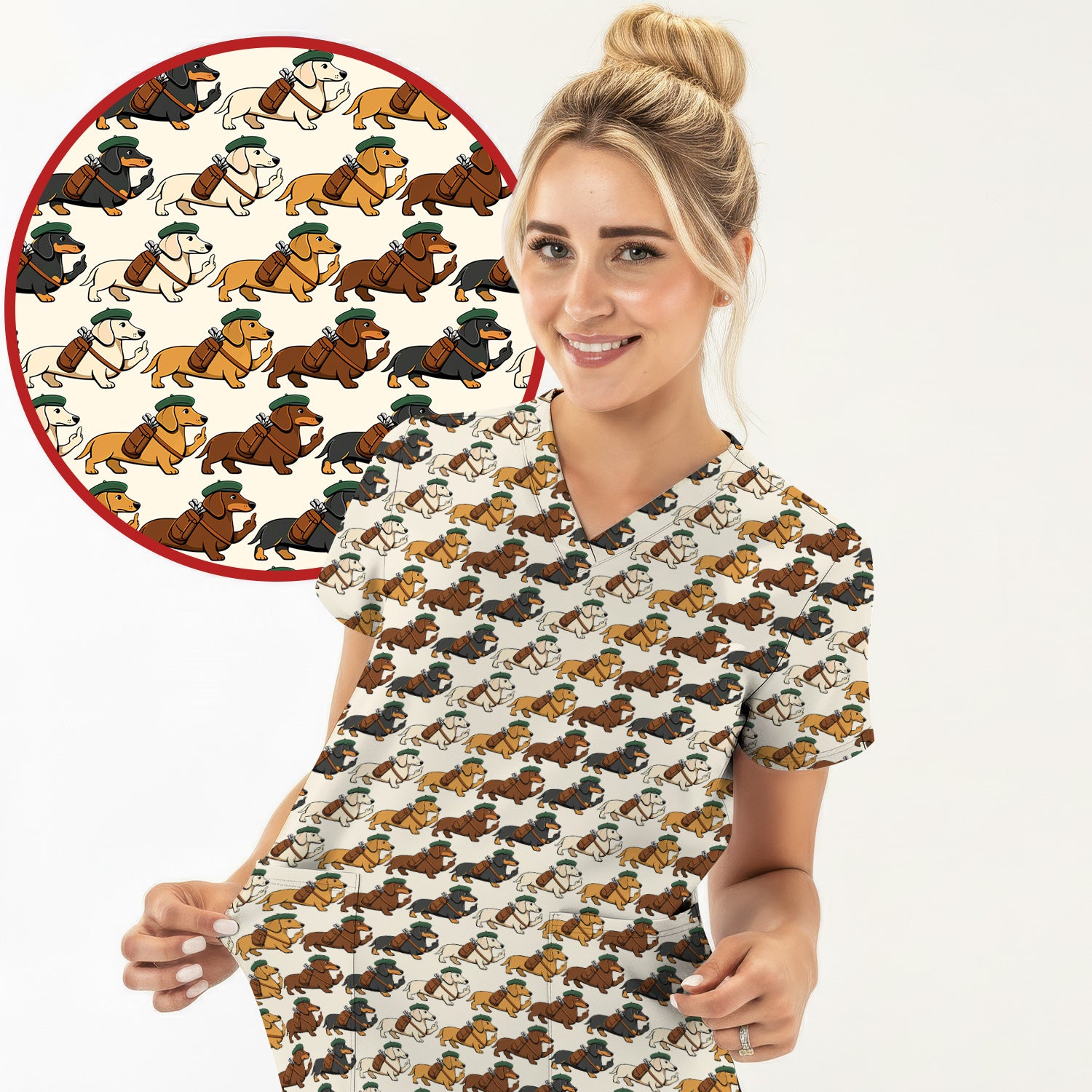 Cartoon Dachshund Dog Wearing Hat And Backpack Pattern Scrub Top, Breathable Fabrics Nursing Uniform