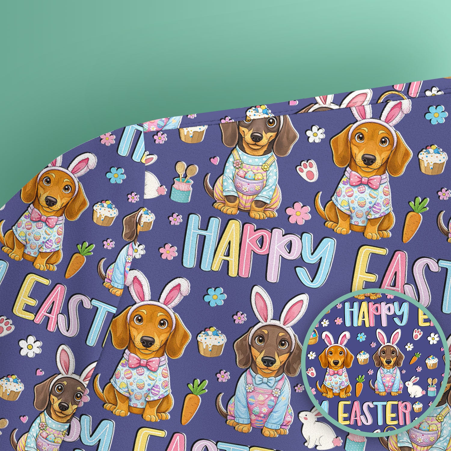 Happy Easter Dachshund Bunny Print Scrub Top, Comfortable Scrubs for Nurses