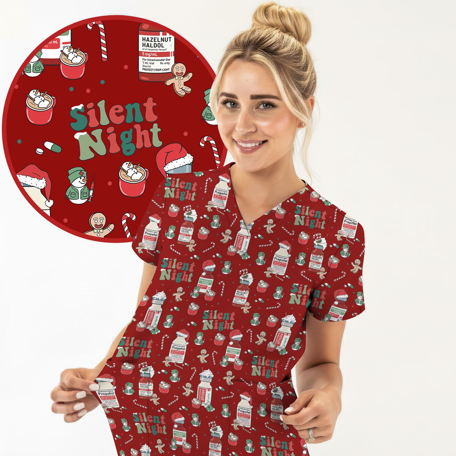 Funny Medicine Scrub Top for Nurses - Silent Night Propofol Print Christmas Scrub Tops with Candy Cane & Gingerbread - Holiday Medical Shirt Gift for RN CNA LPN