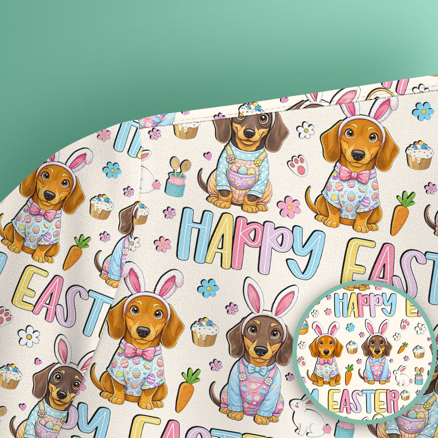 Happy Easter Dachshund Bunny Print Scrub Top, Comfortable Scrubs for Nurses