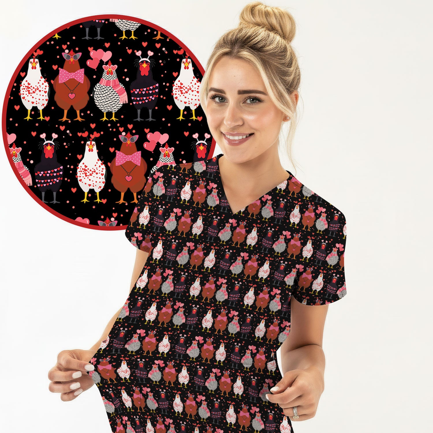 Funny Chicken Valentine Scrub Top, Chicken Pattern Scrub Shirt For Nursing, Valentine Gift For Nurse