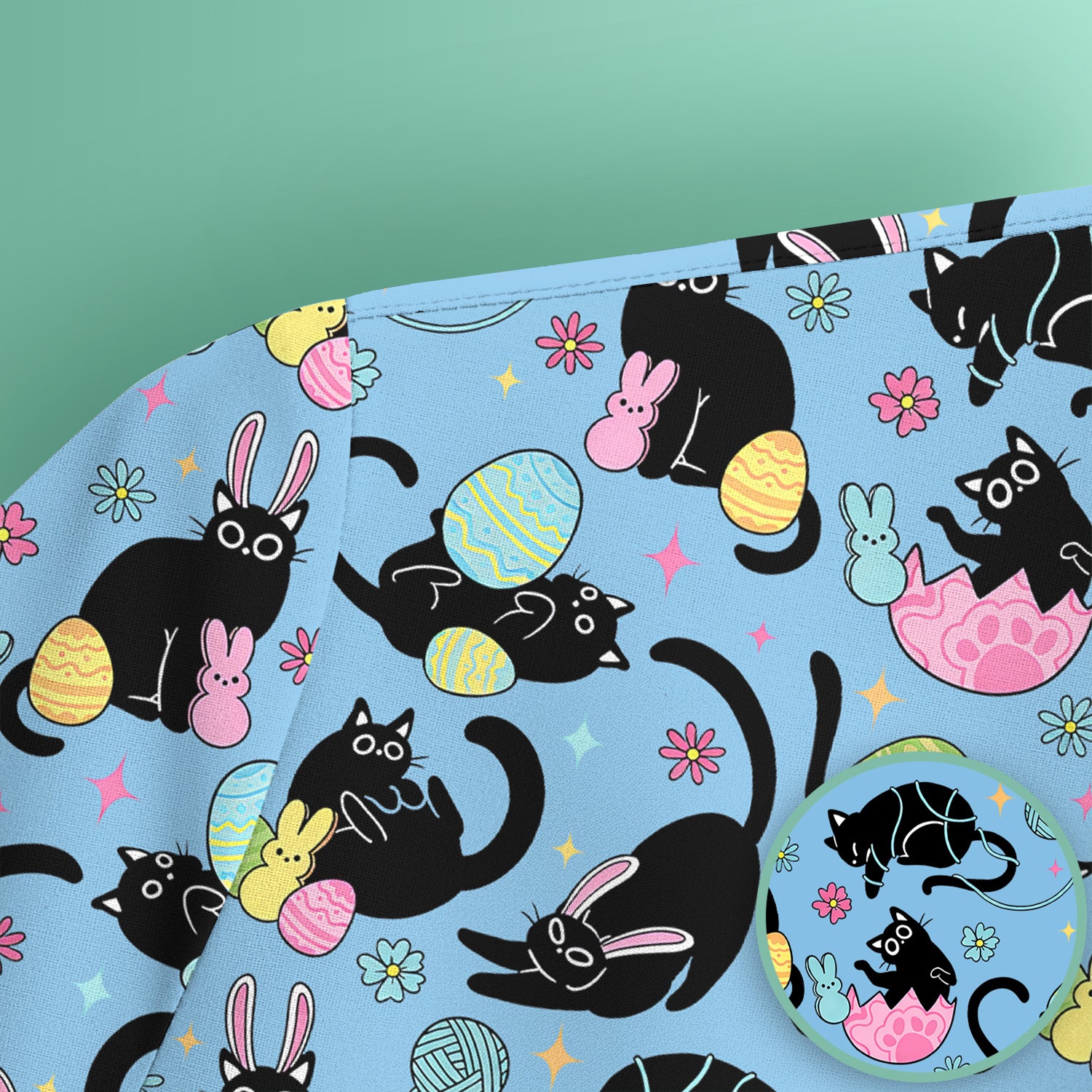Funny Easter Black Cat Egg Pattern Scrub Top, Breathable Fabrics Nursing Uniform