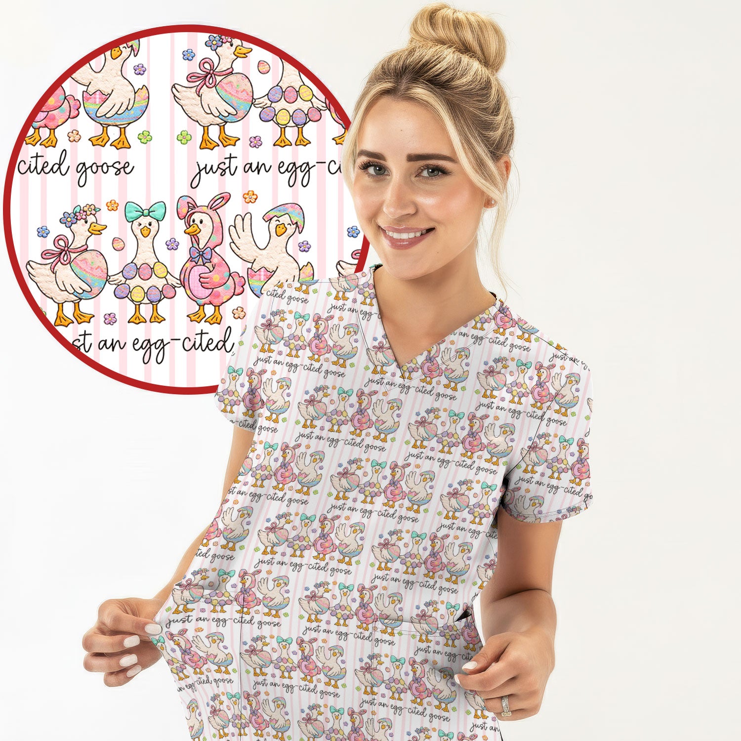 Cute Easter Goose Egg Pattern Scrubs Top, Breathable Fabrics Nursing Uniform