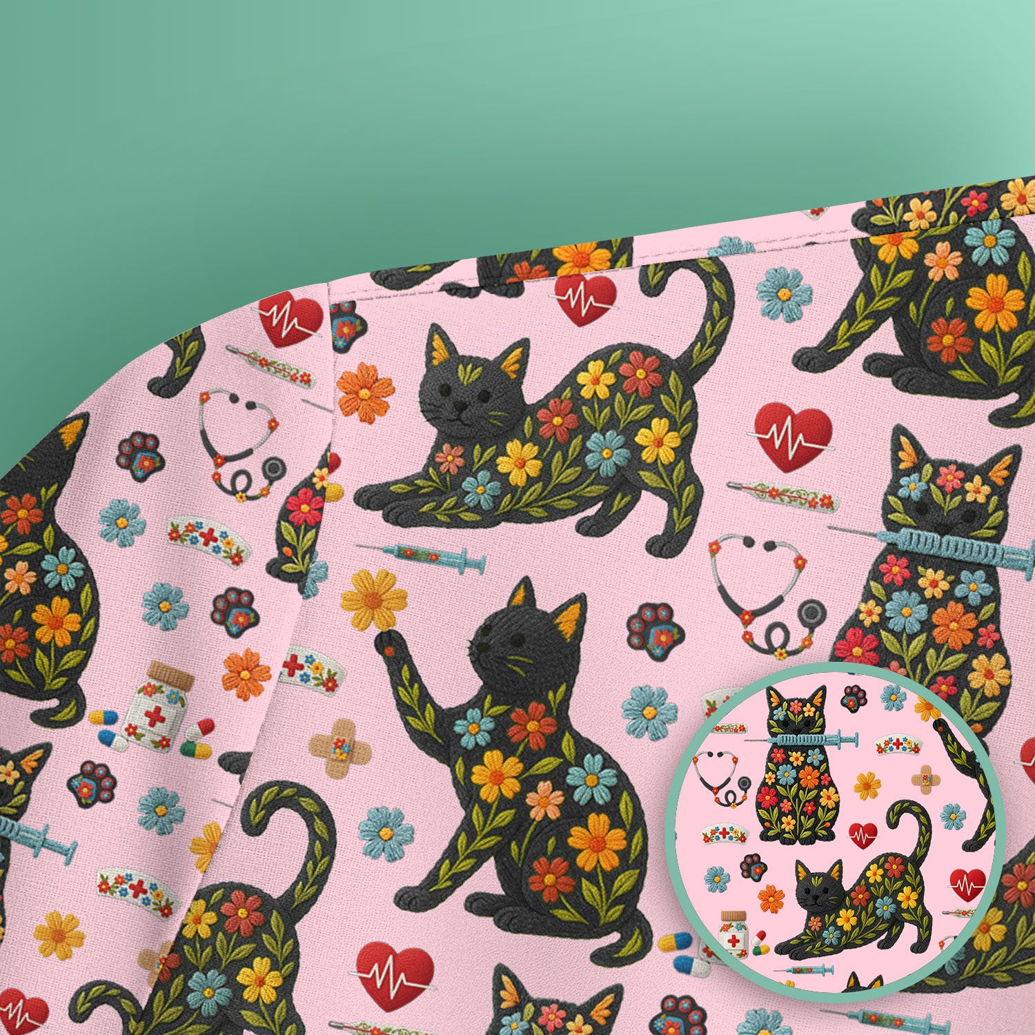Floral Black Cat Pattern Scrub Top, Cute Cat Nurse Scrub Shirt, Medical Nursing Uniform