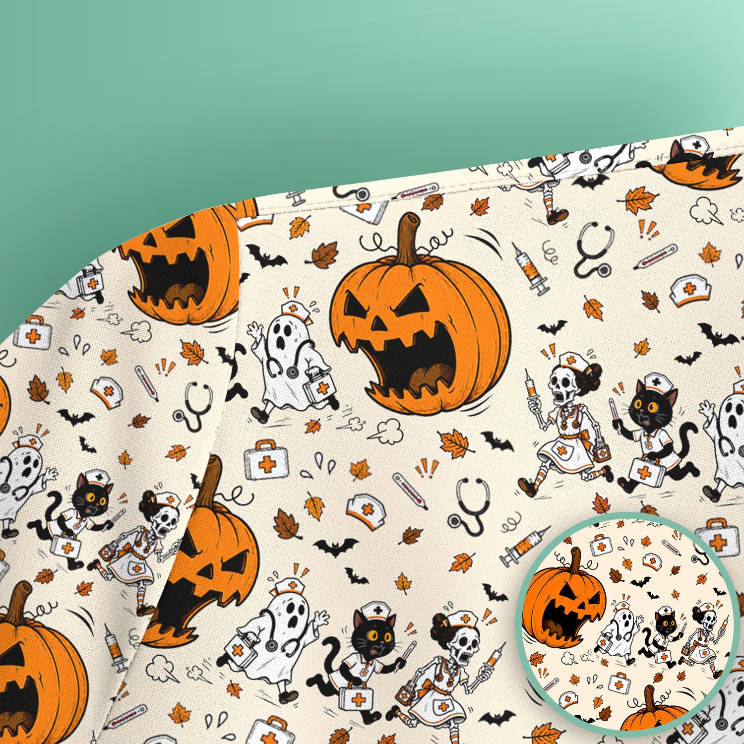 Funny Halloween Pumpkin Chasing Nurses Scrub Top, Comfortable Scrubs for Nurses