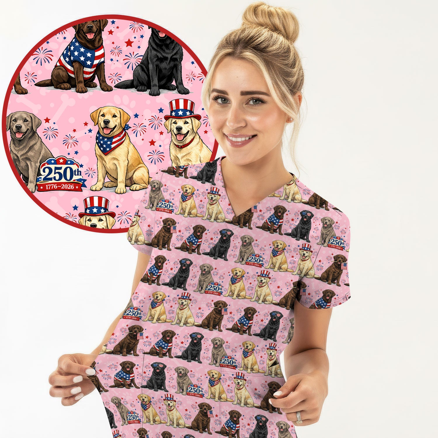 4th of July Labrador Dog Patriotic Print Scrub Top, USA Flag Nursing Uniform for Women