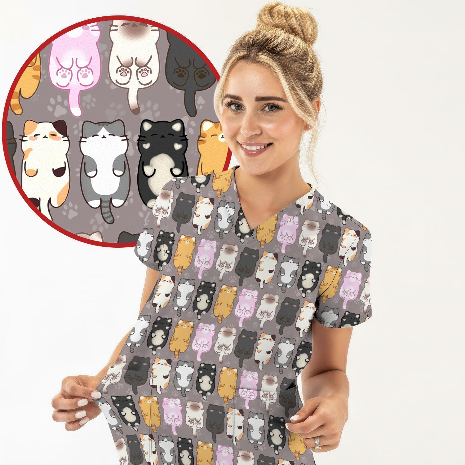 Funny Cartoon Cats All Over Print Scrubs Top, Comfortable Scrubs for Nurses