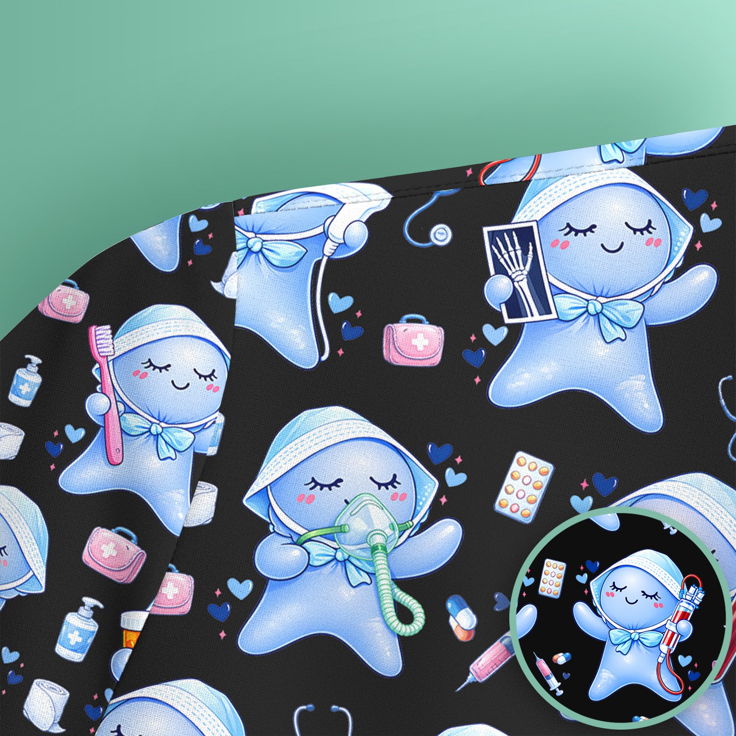 Cute Tooth Character Dental Tools Caring Pattern Scrub Top, Breathable Fabrics Nursing Uniform